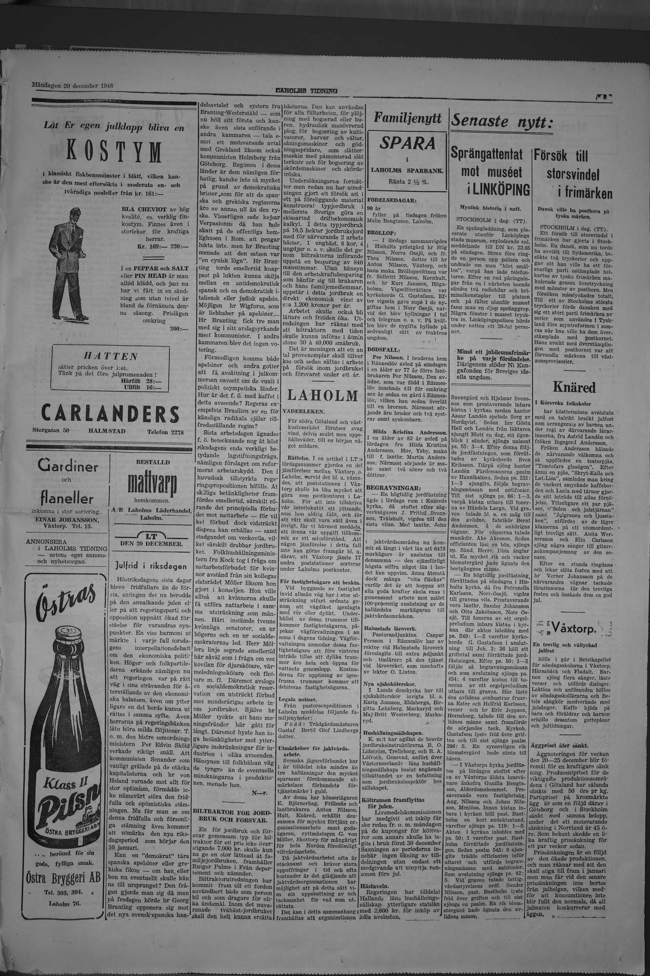 Laholms Tidning Måndag 20 december 1948, sida 3