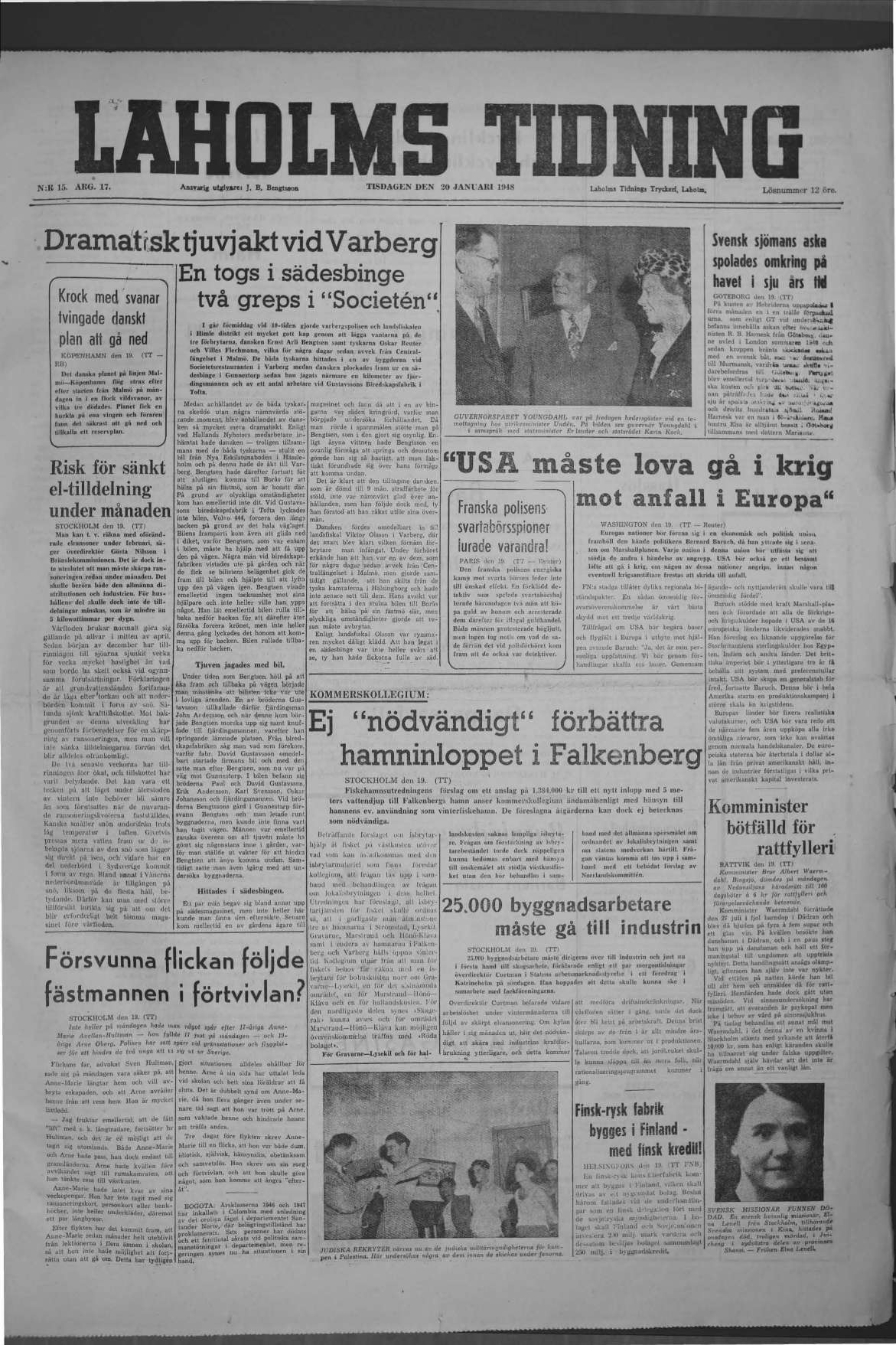 Laholms Tidning Tisdag 20 januari 1948, sida 1