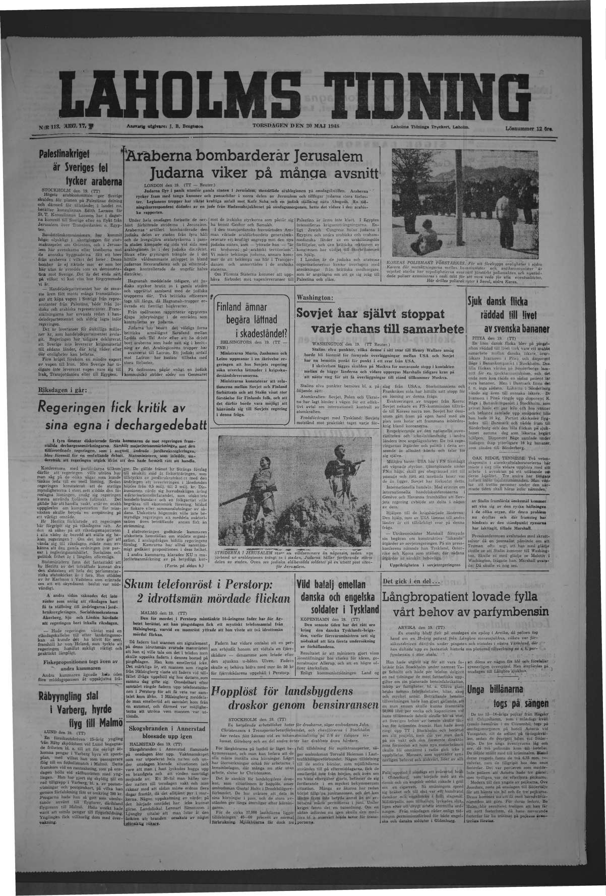Laholms Tidning Torsdag 20 maj 1948, sida 1