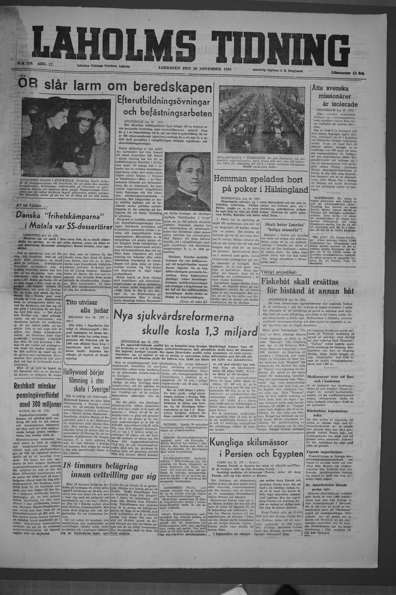 Laholms Tidning Lördag 20 november 1948, sida 1