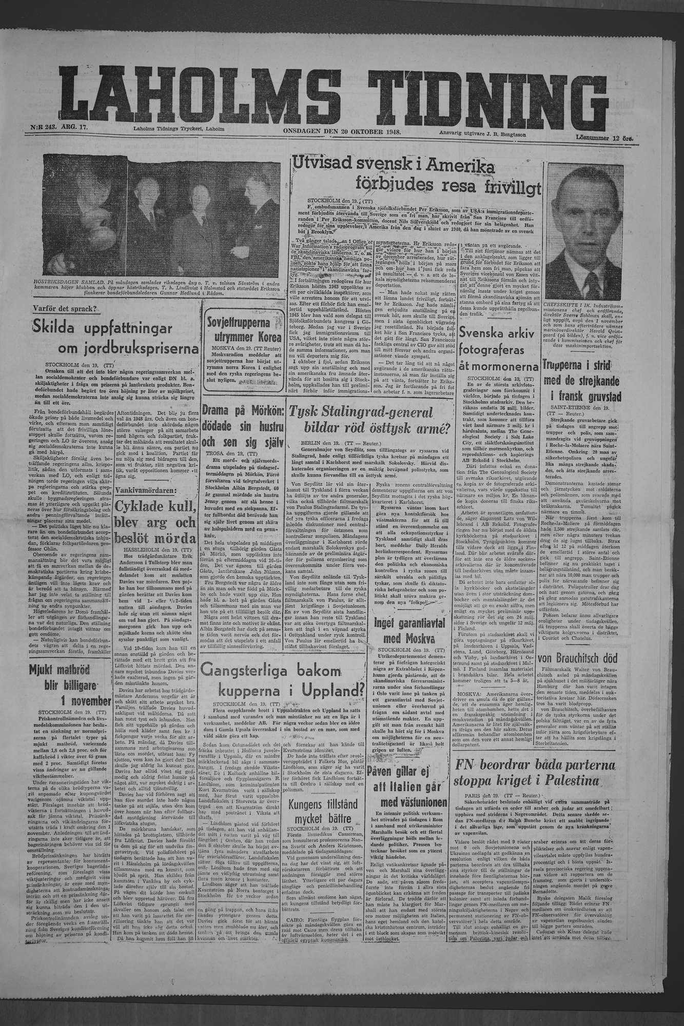Laholms Tidning Onsdag 20 oktober 1948, sida 1