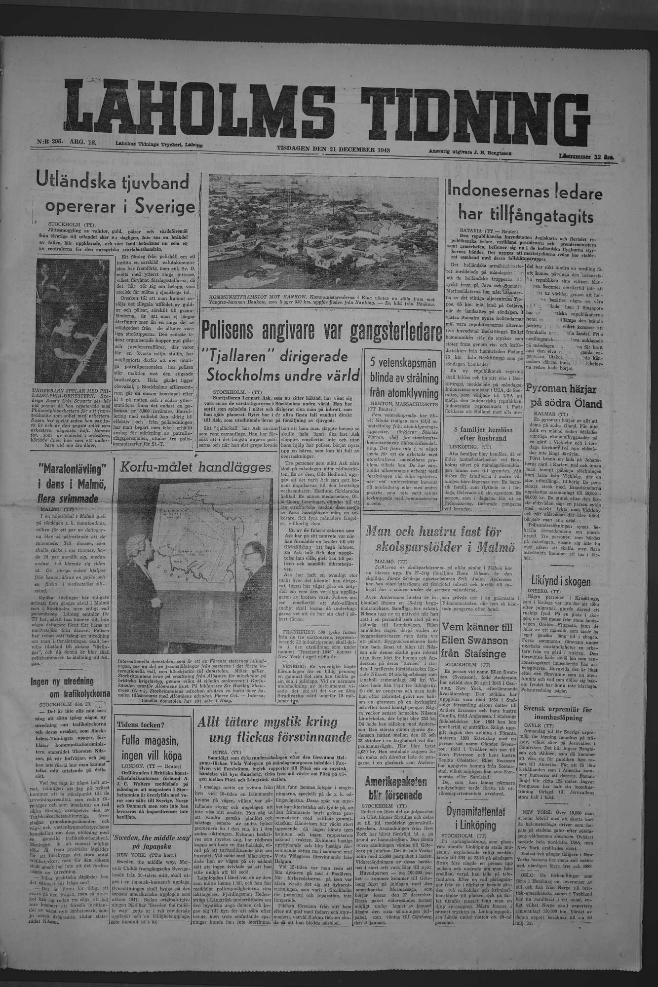 Laholms Tidning Tisdag 21 december 1948, sida 1