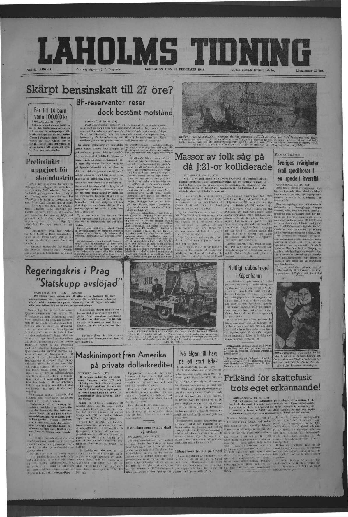 Laholms Tidning Lördag 21 februari 1948, sida 1