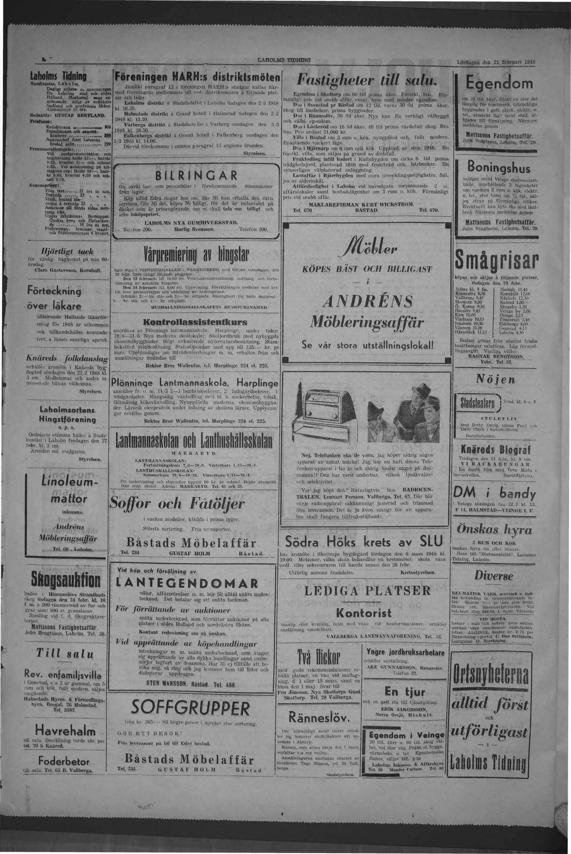 Laholms Tidning Lördag 21 februari 1948, sida 2