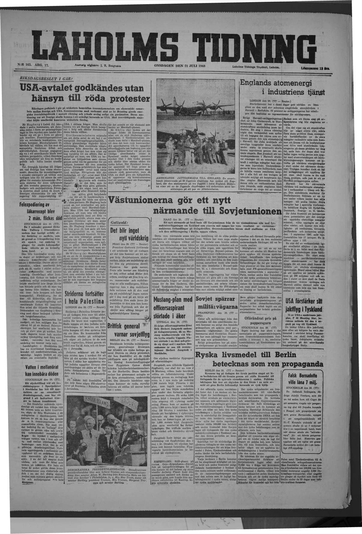 Laholms Tidning Onsdag 21 juli 1948, sida 1