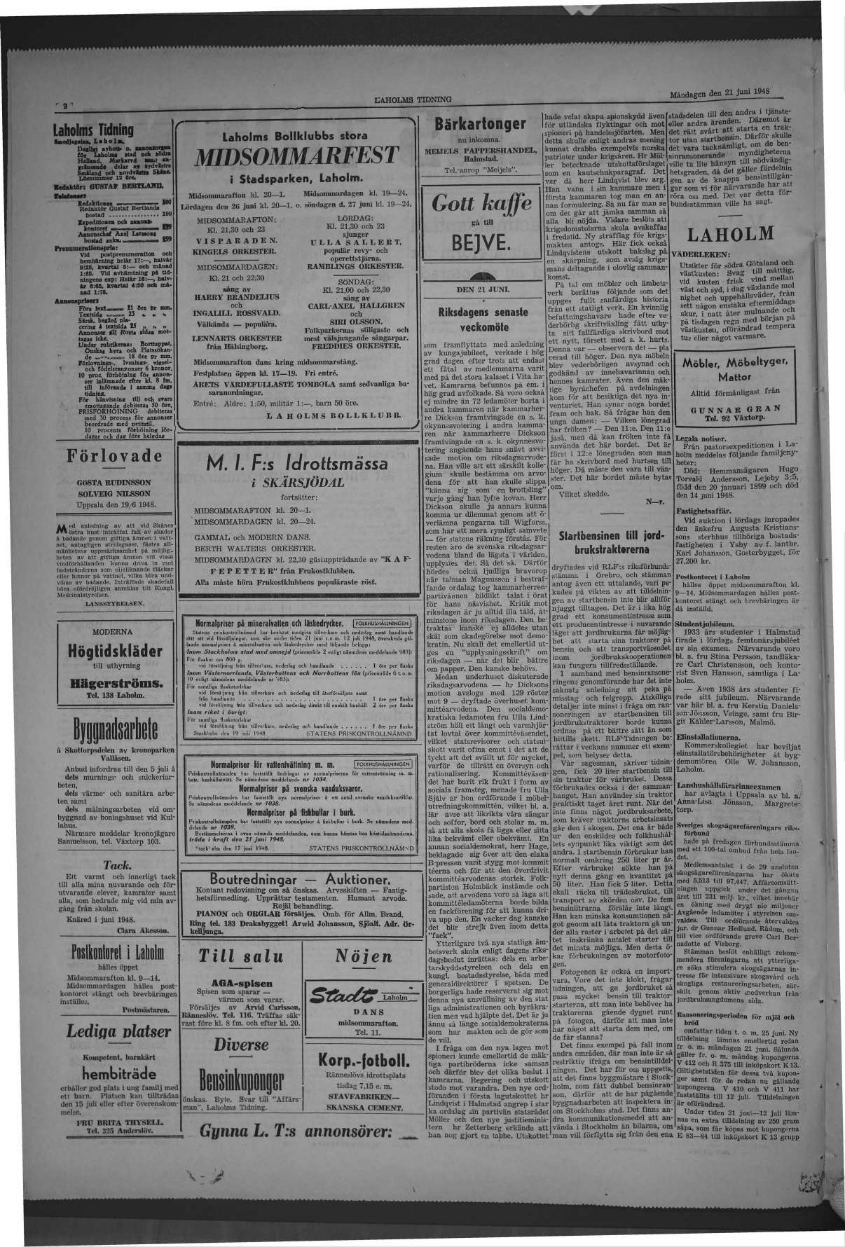 Laholms Tidning Måndag 21 juni 1948, sida 2