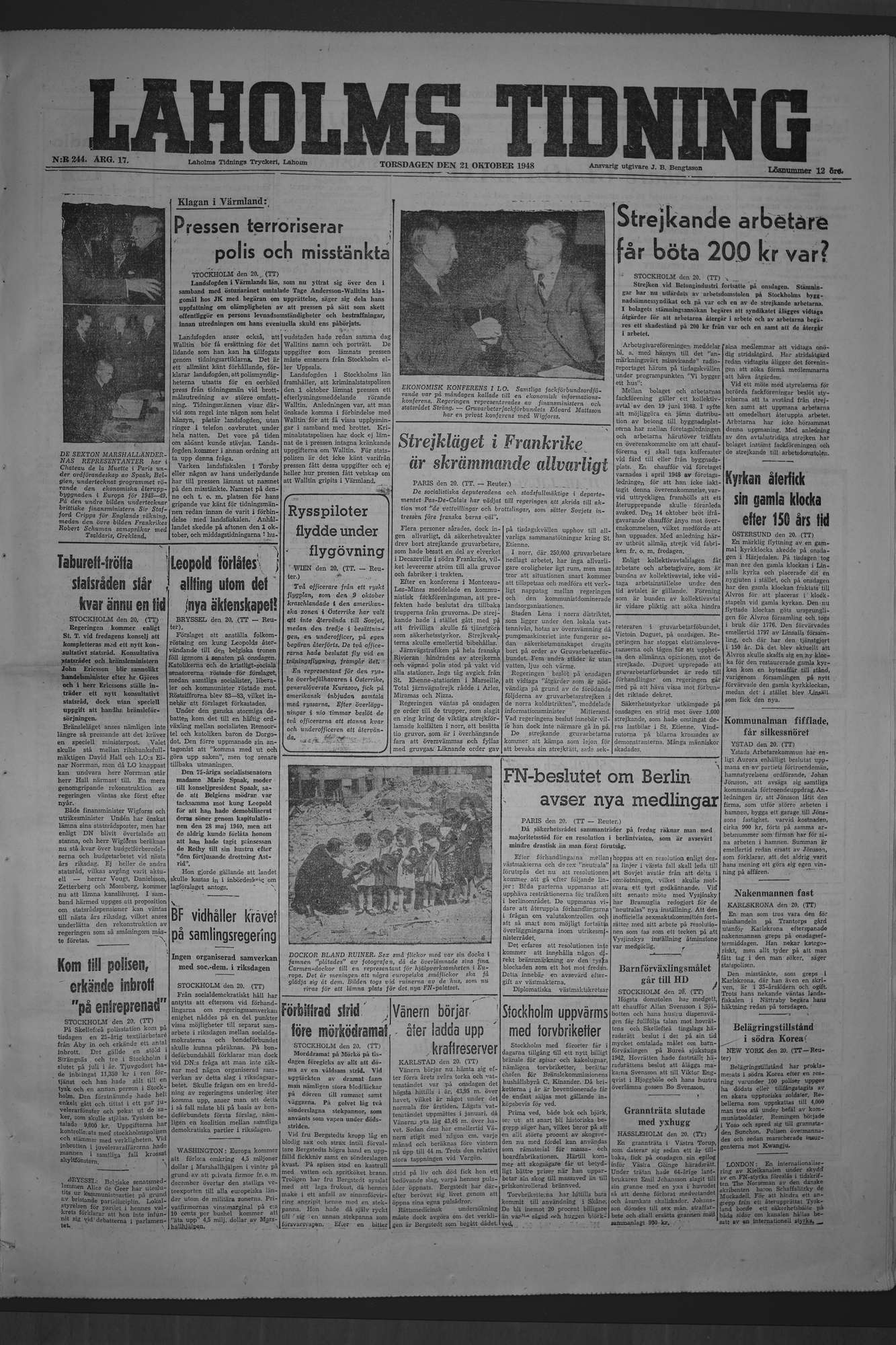 Laholms Tidning Torsdag 21 oktober 1948, sida 1
