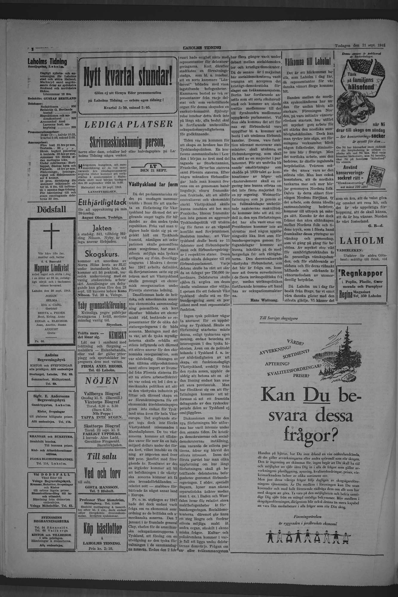Laholms Tidning Tisdag 21 september 1948, sida 2