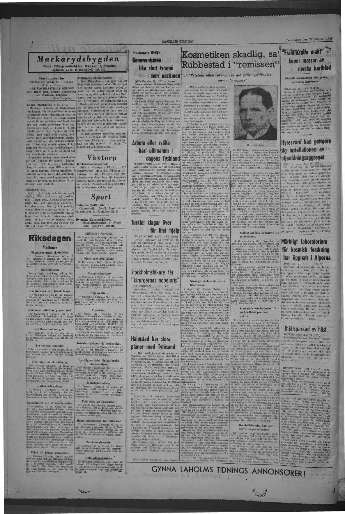 Laholms Tidning Torsdag 22 januari 1948, sida 4