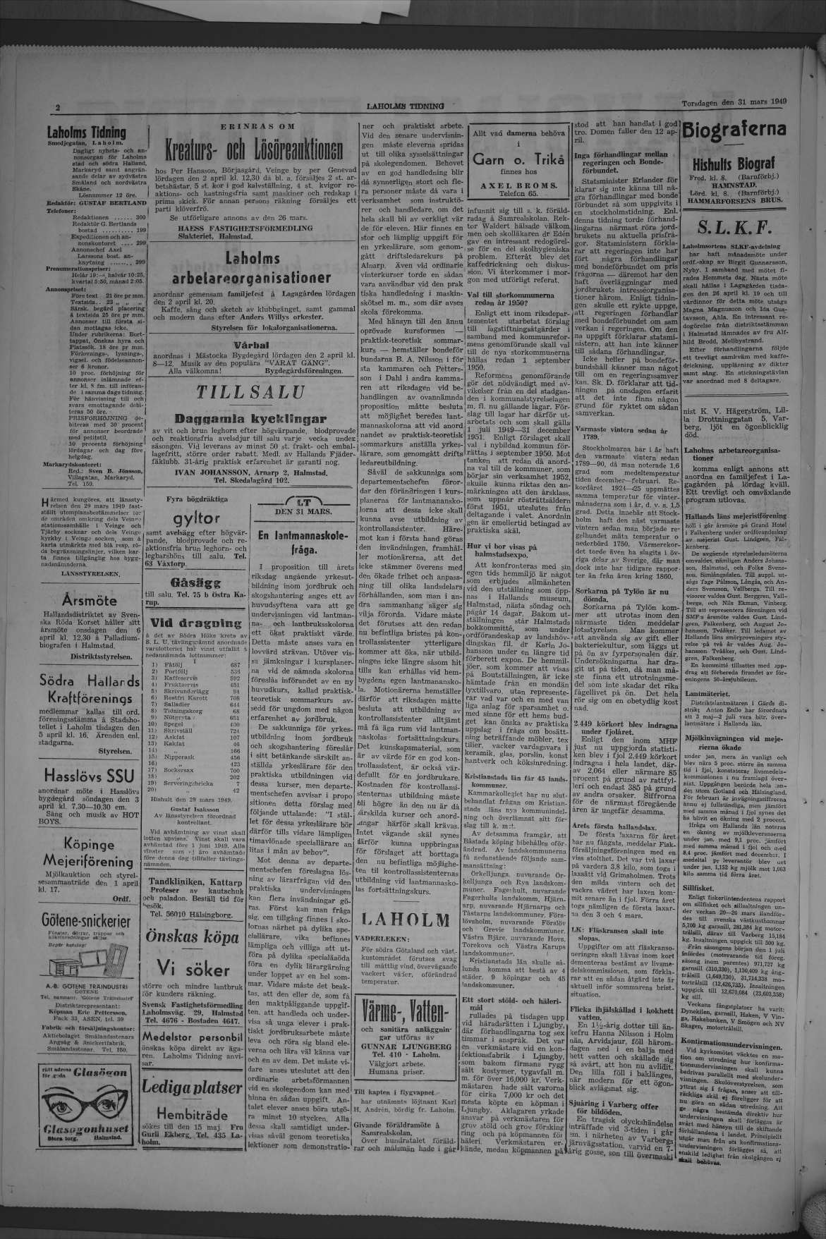 Laholms Tidning Torsdag 31 mars 1949, sida 2