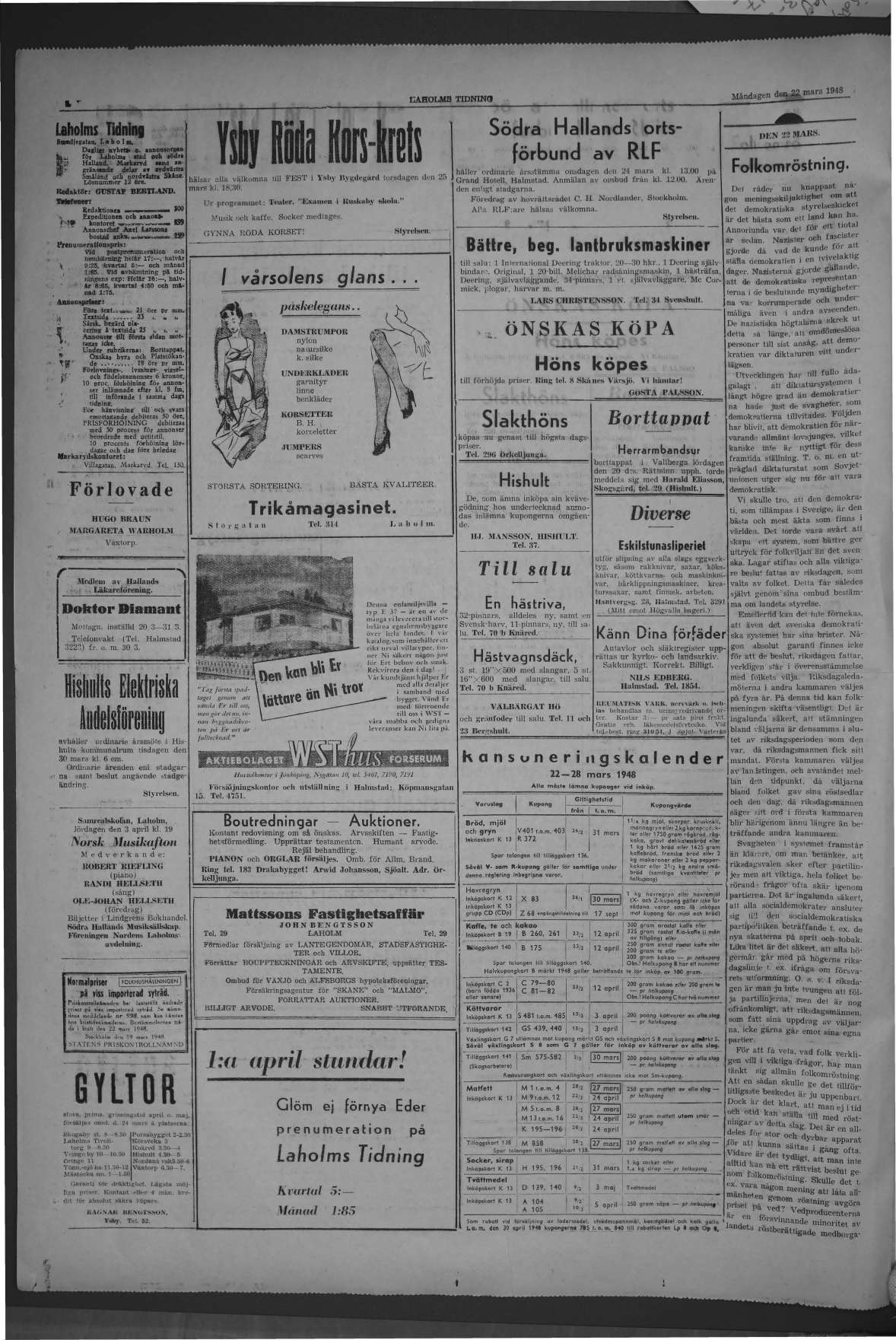 Laholms Tidning Måndag 22 mars 1948, sida 2