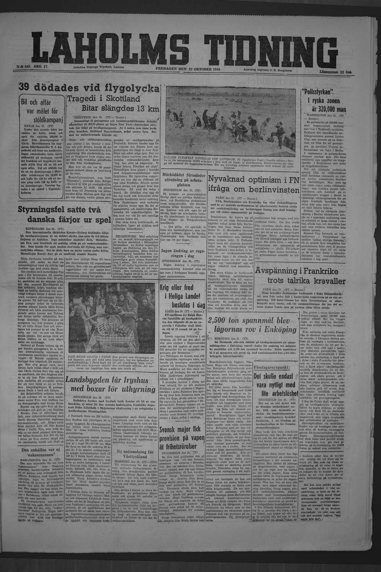 Laholms Tidning Fredag 22 oktober 1948, sida 1