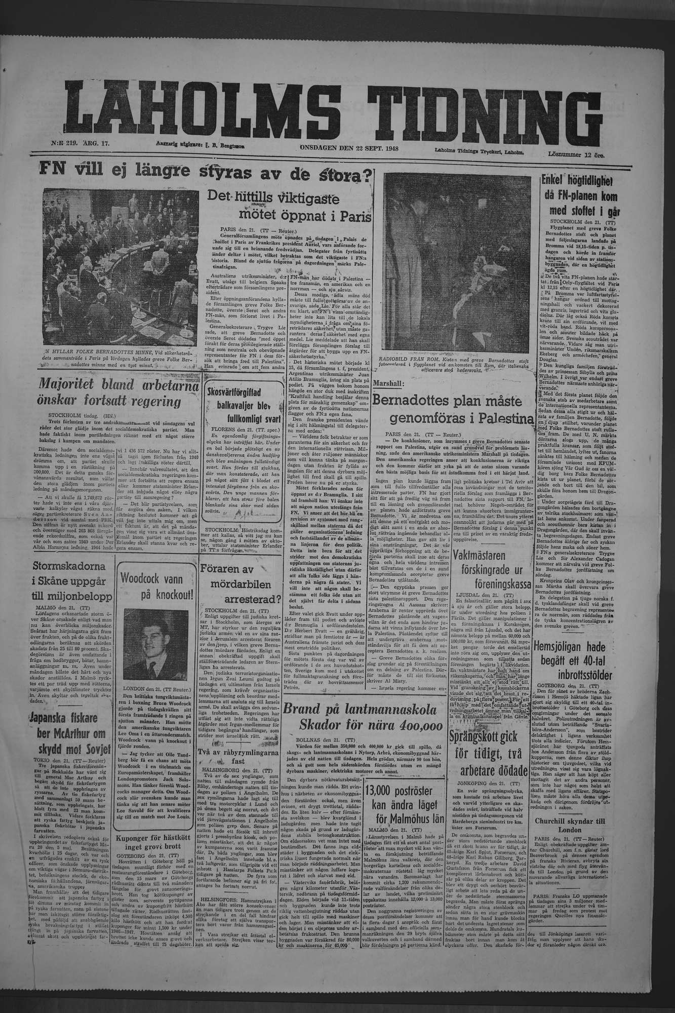 Laholms Tidning Onsdag 22 september 1948, sida 1