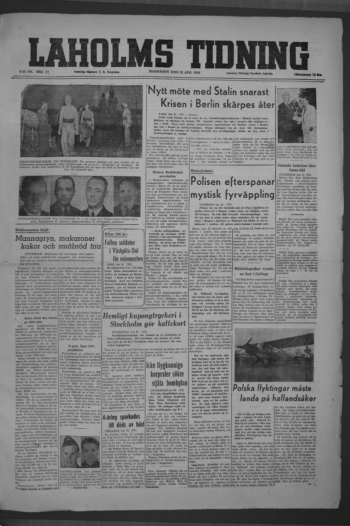 Laholms Tidning Måndag 23 augusti 1948, sida 1