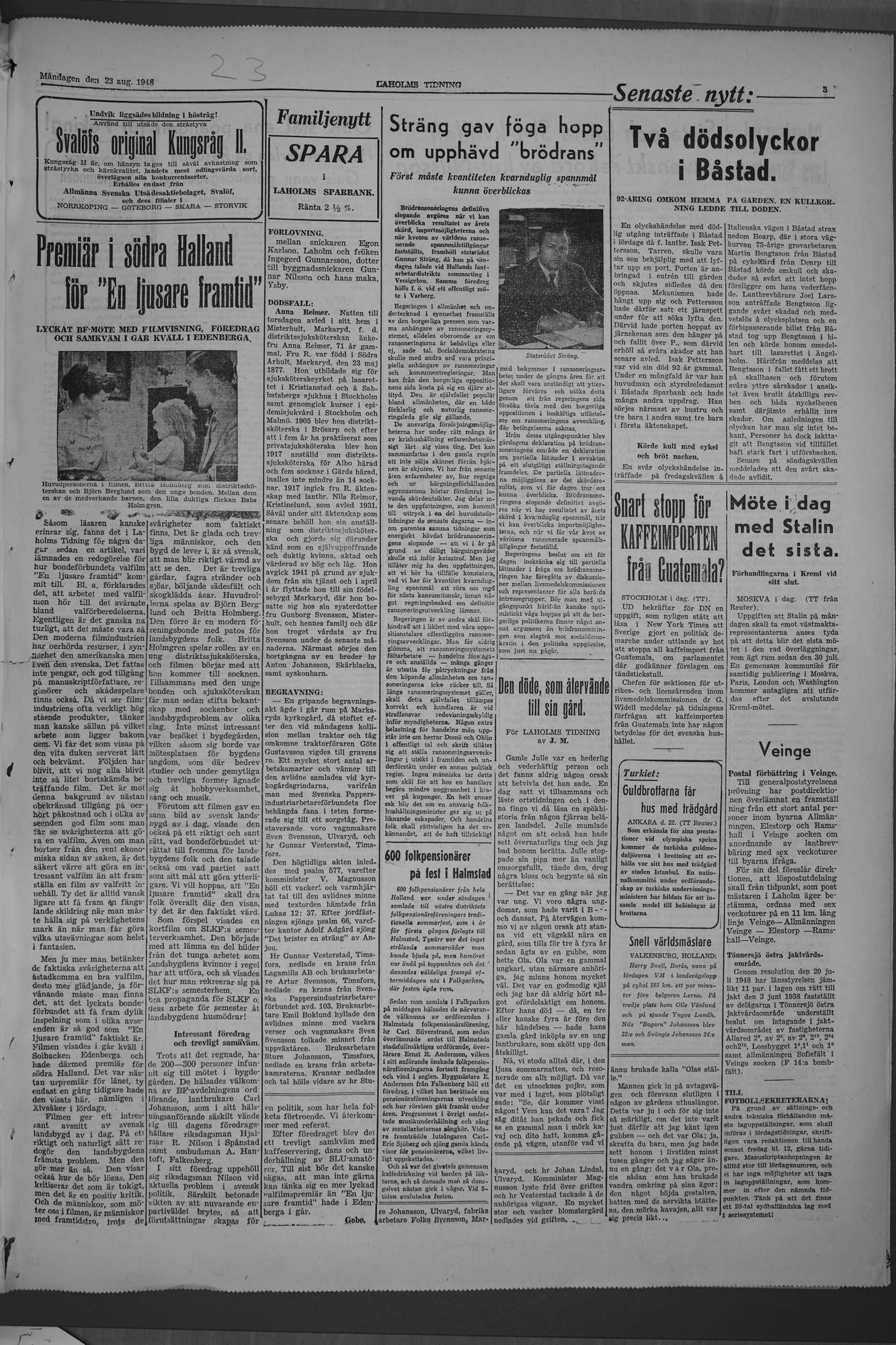 Laholms Tidning Måndag 23 augusti 1948, sida 3