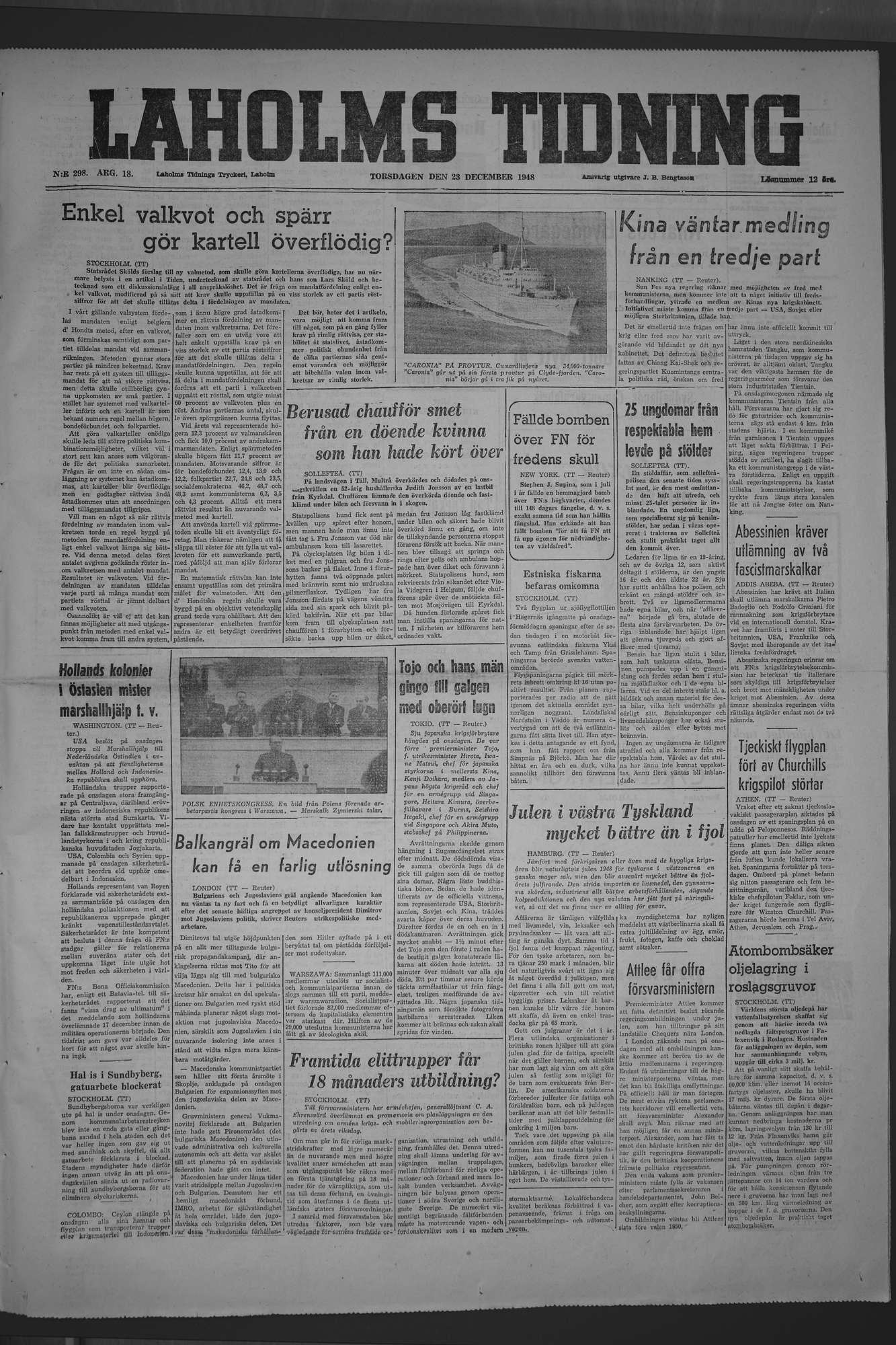 Laholms Tidning Torsdag 23 december 1948, sida 1