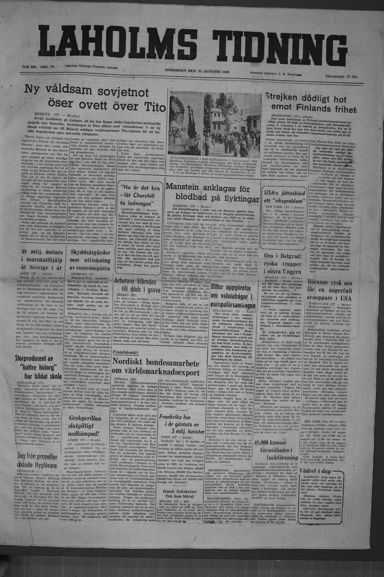 Laholms Tidning Onsdag 31 augusti 1949, sida 1