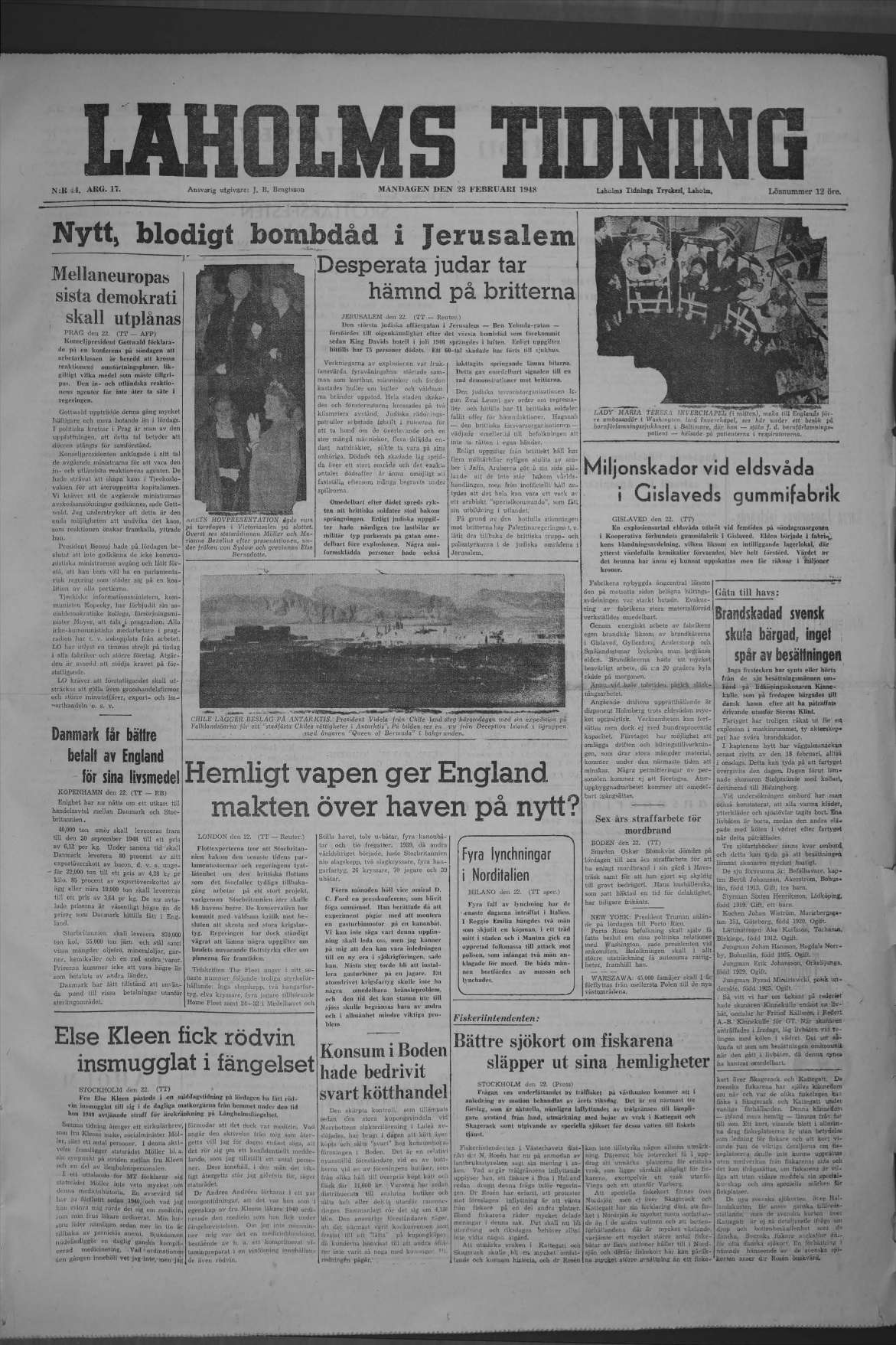 Laholms Tidning Måndag 23 februari 1948, sida 1