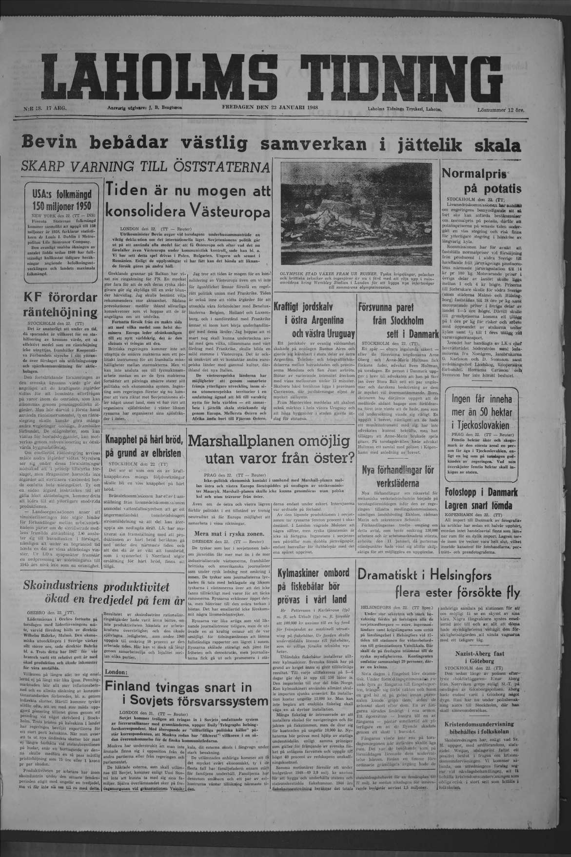 Laholms Tidning Fredag 23 januari 1948, sida 1