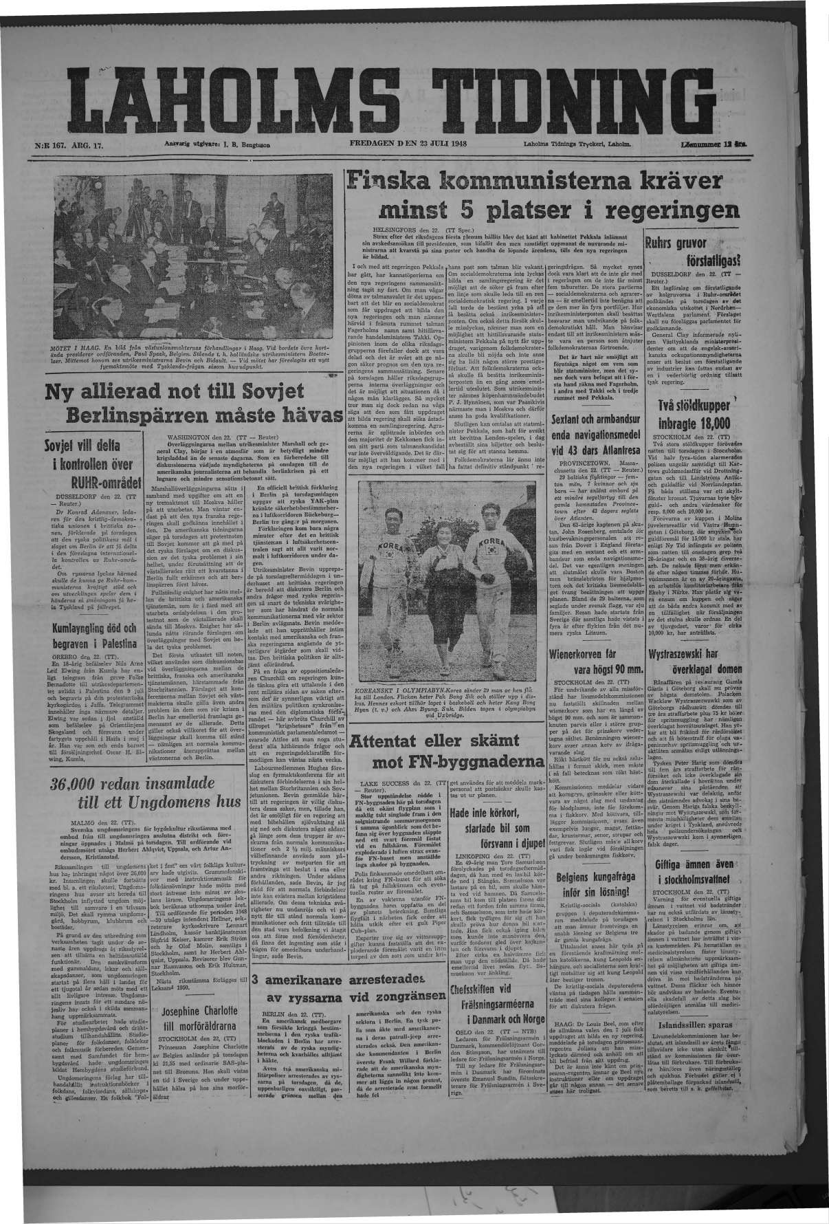 Laholms Tidning Fredag 23 juli 1948, sida 1