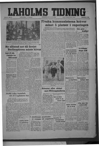 Förstasidan, Fredag 23 juli 1948