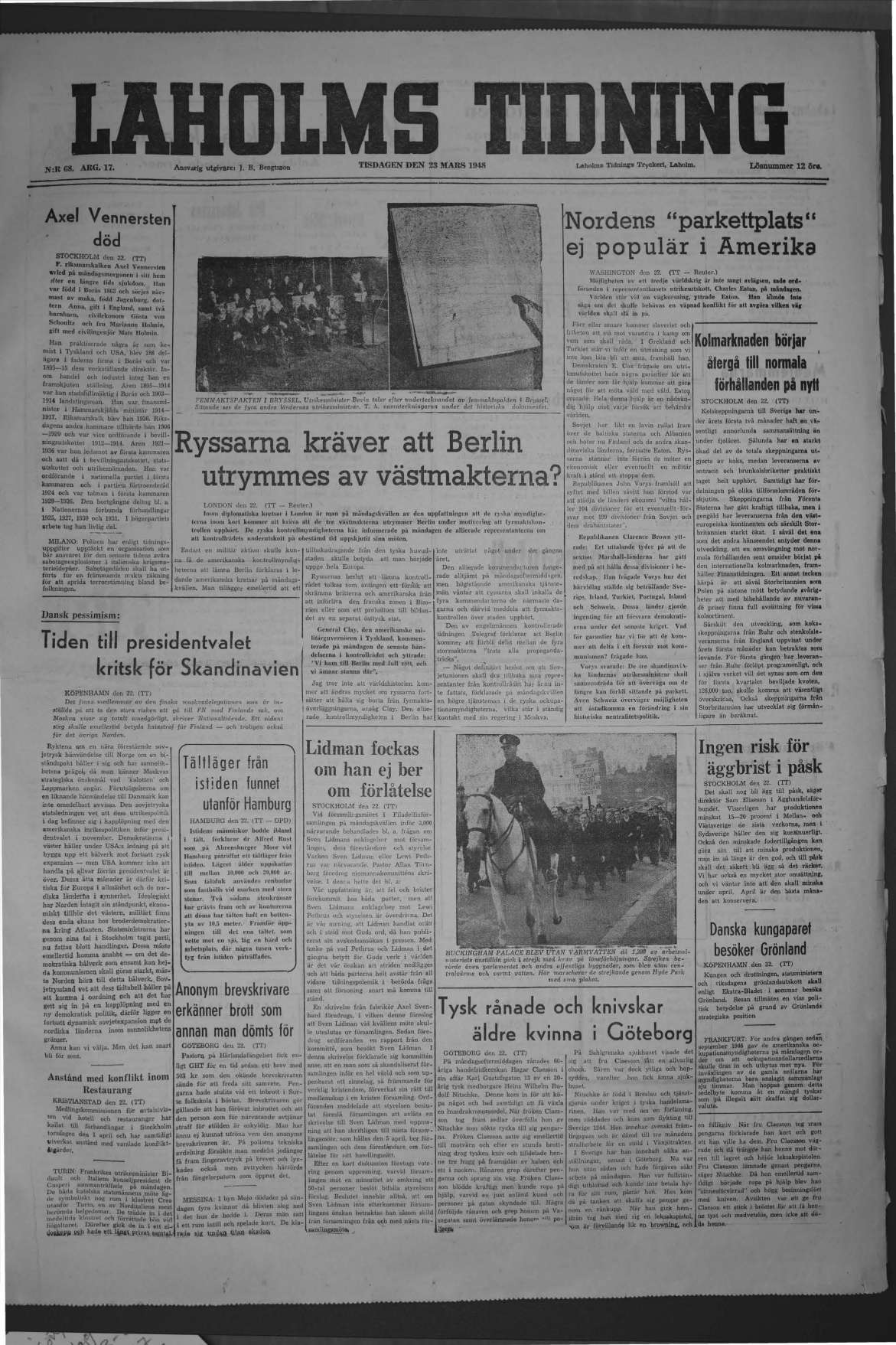 Laholms Tidning Tisdag 23 mars 1948, sida 1