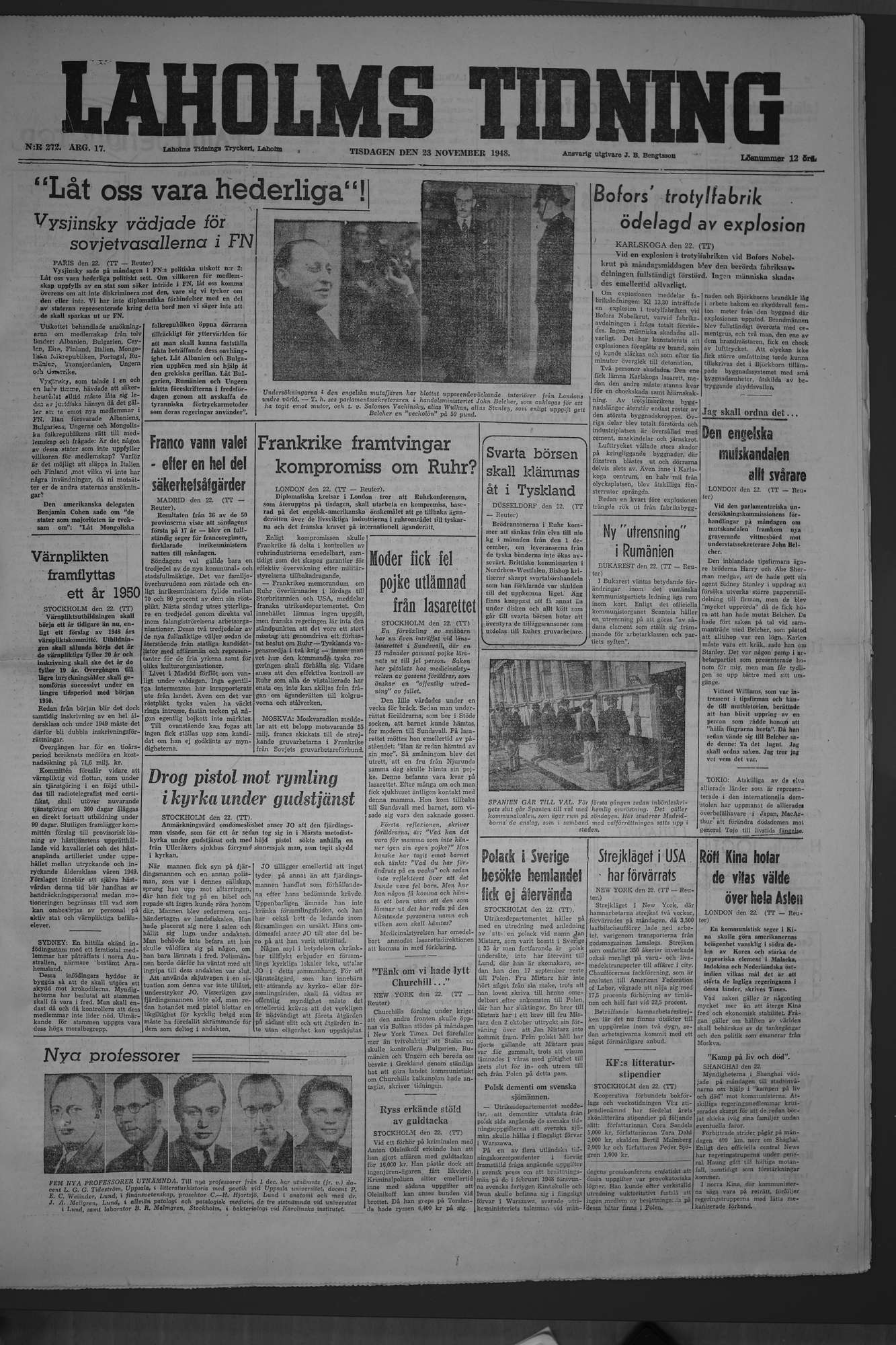 Laholms Tidning Tisdag 23 november 1948, sida 1