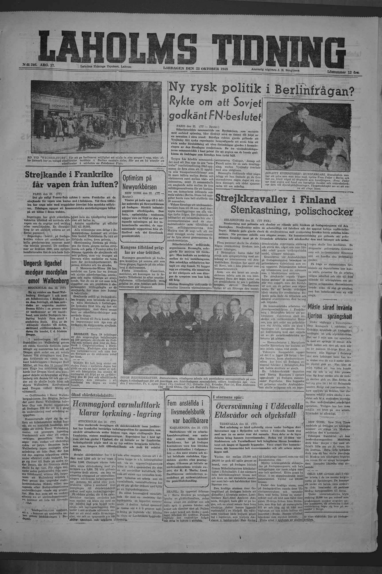 Laholms Tidning Lördag 23 oktober 1948, sida 1