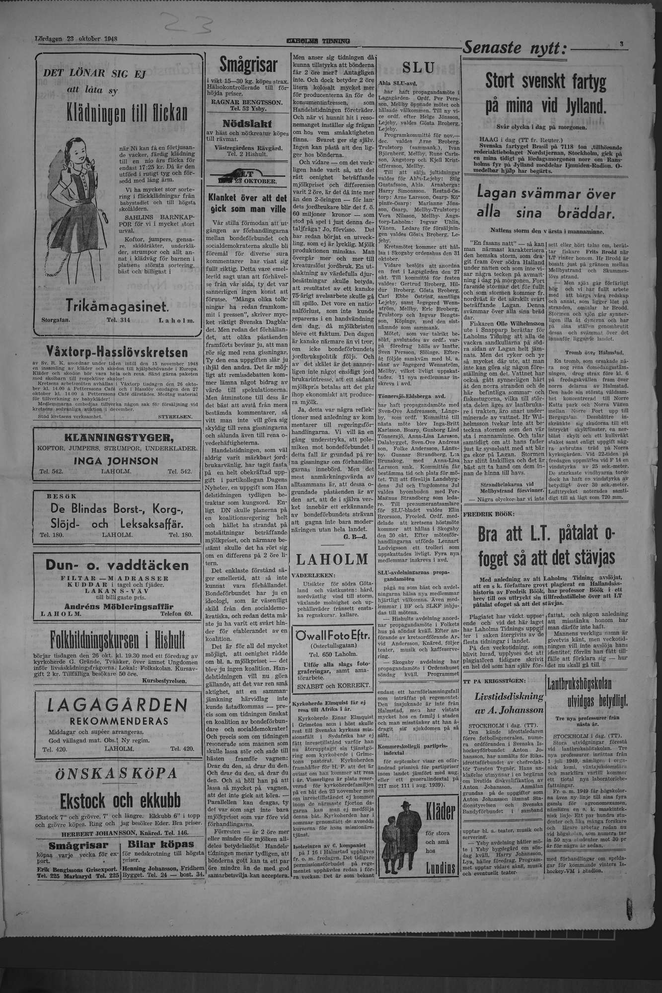 Laholms Tidning Lördag 23 oktober 1948, sida 3
