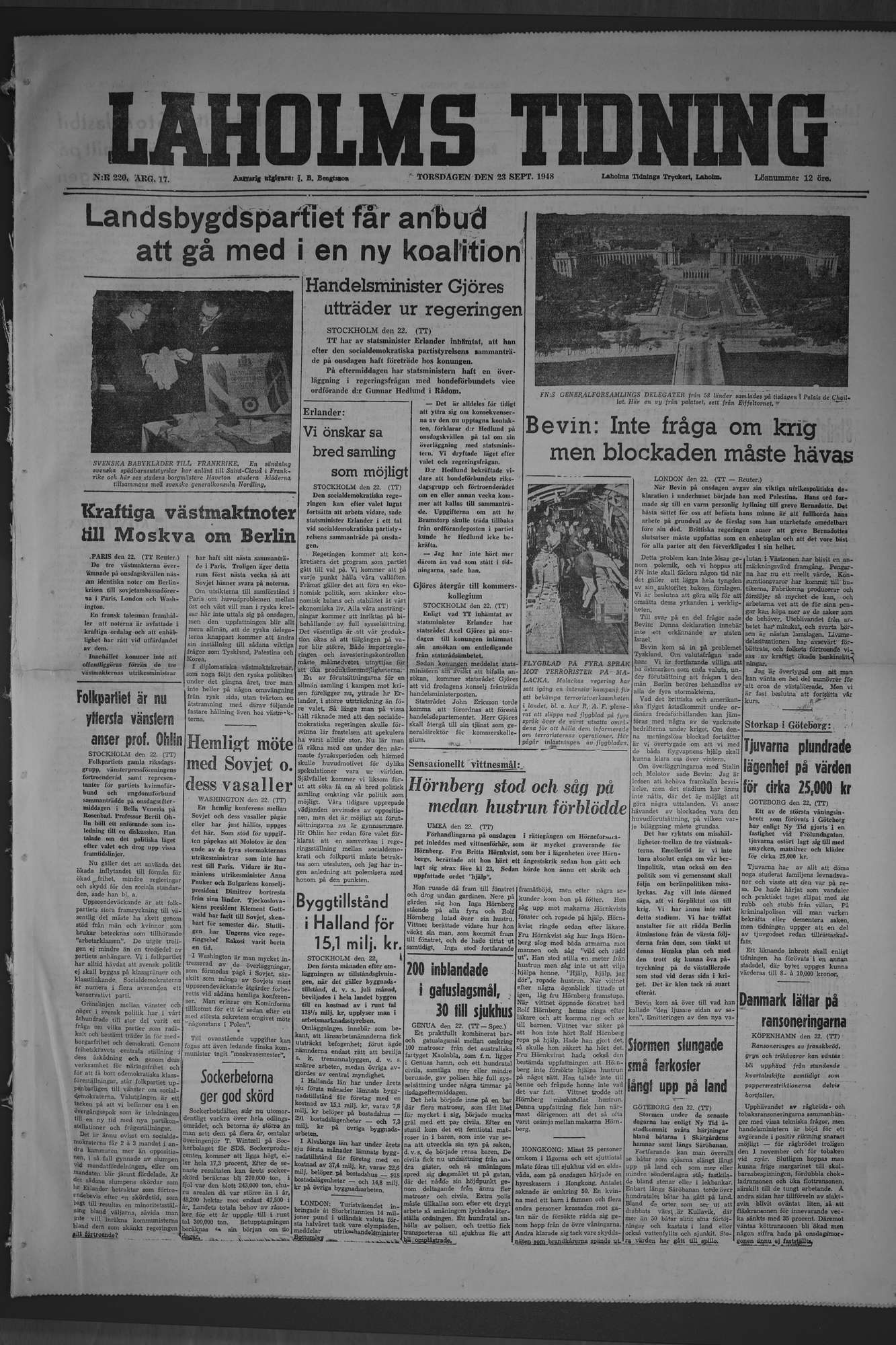 Laholms Tidning Torsdag 23 september 1948, sida 1