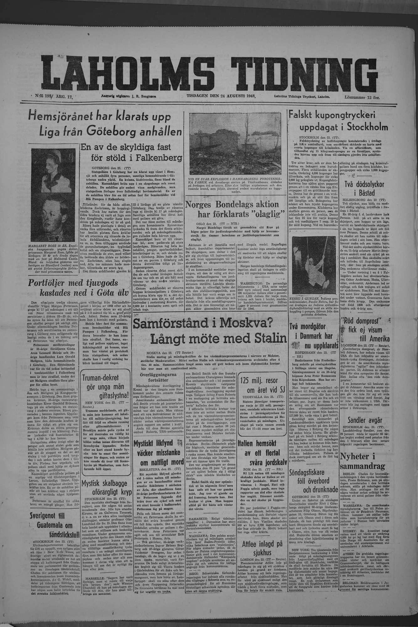Laholms Tidning Tisdag 24 augusti 1948, sida 1