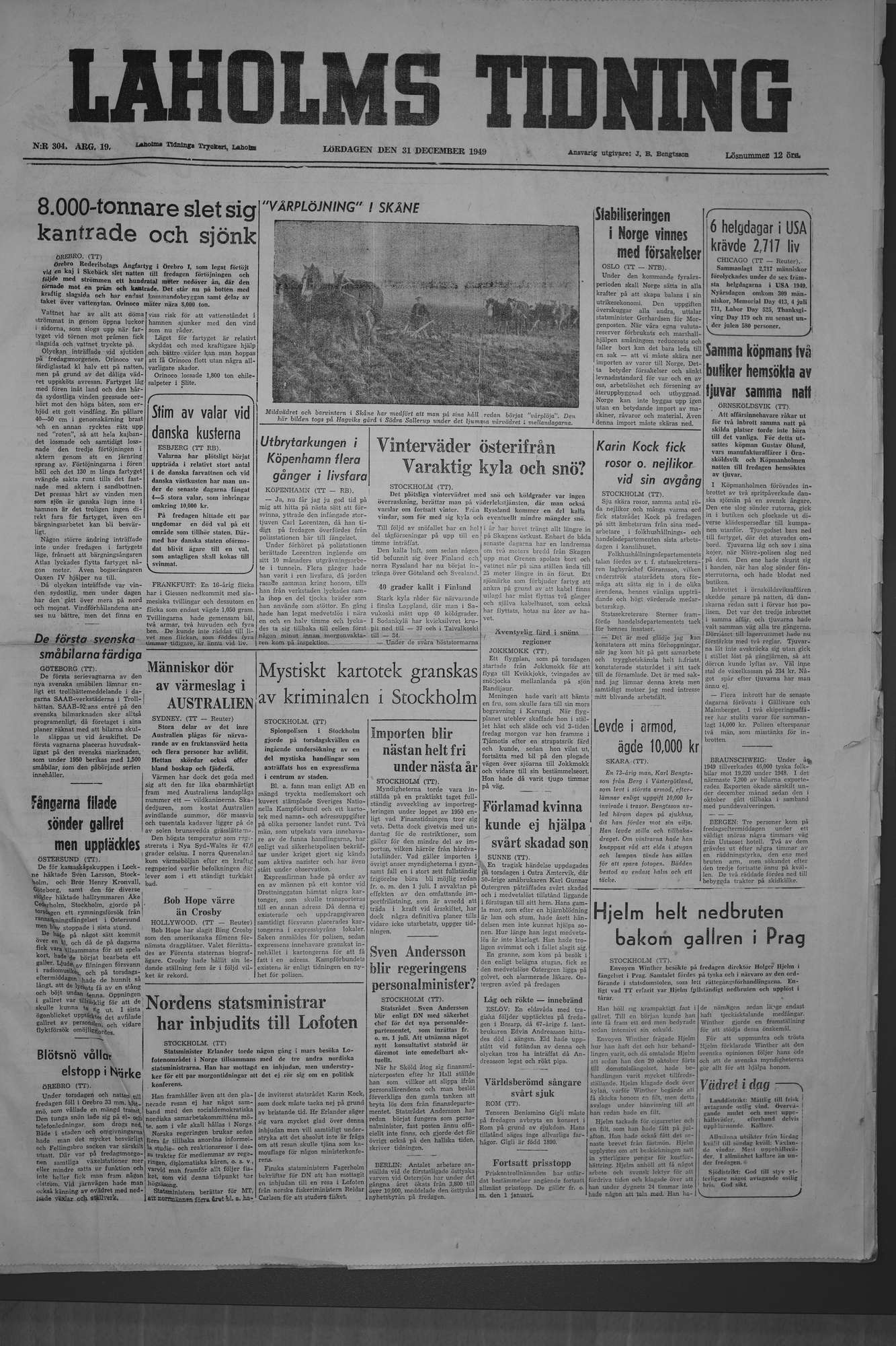 Laholms Tidning Lördag 31 december 1949, sida 1