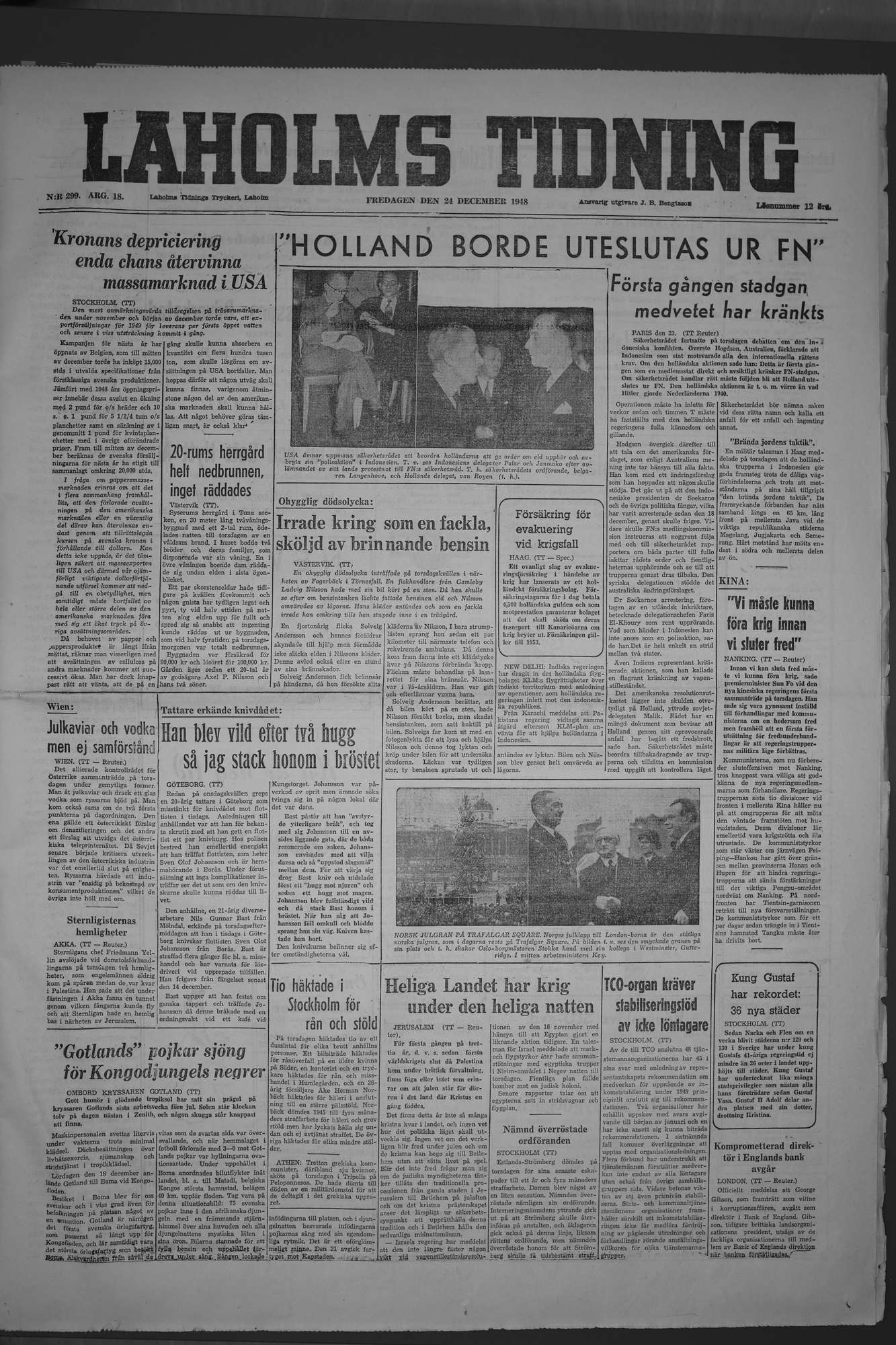 Laholms Tidning Fredag 24 december 1948, sida 1
