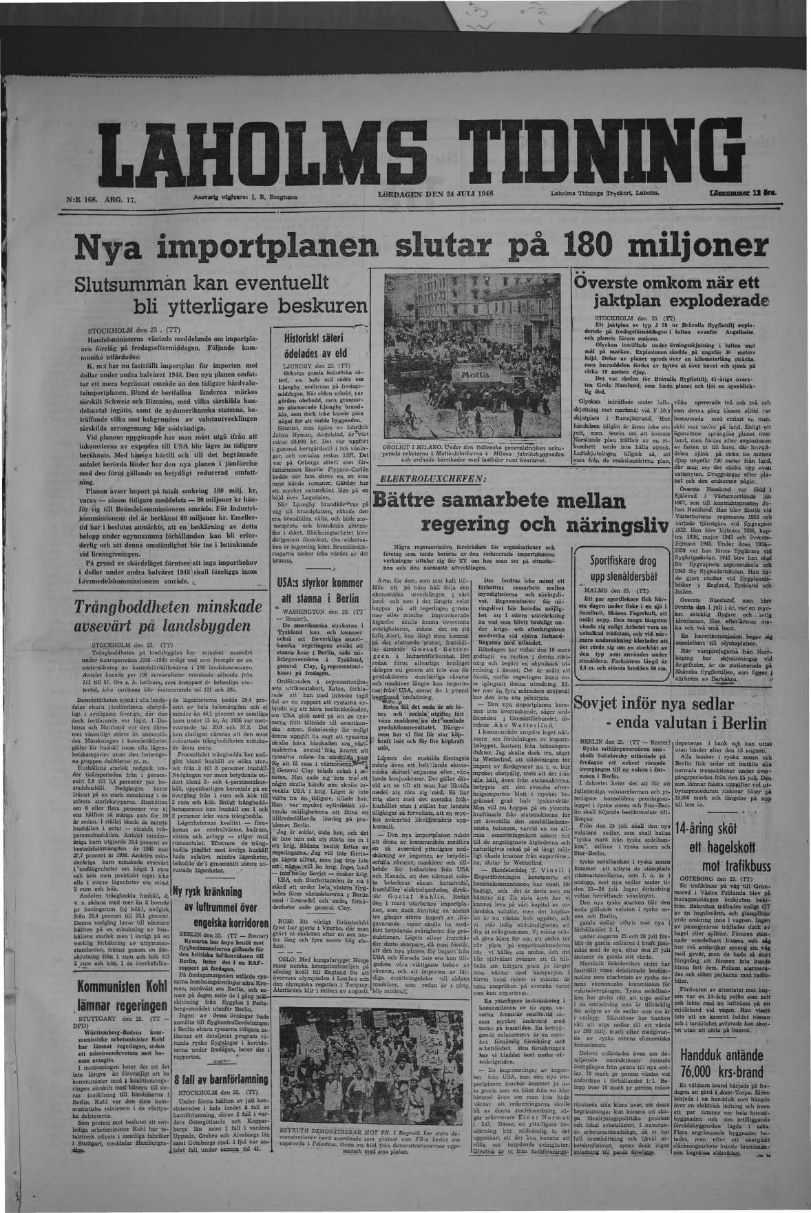 Laholms Tidning Lördag 24 juli 1948, sida 1