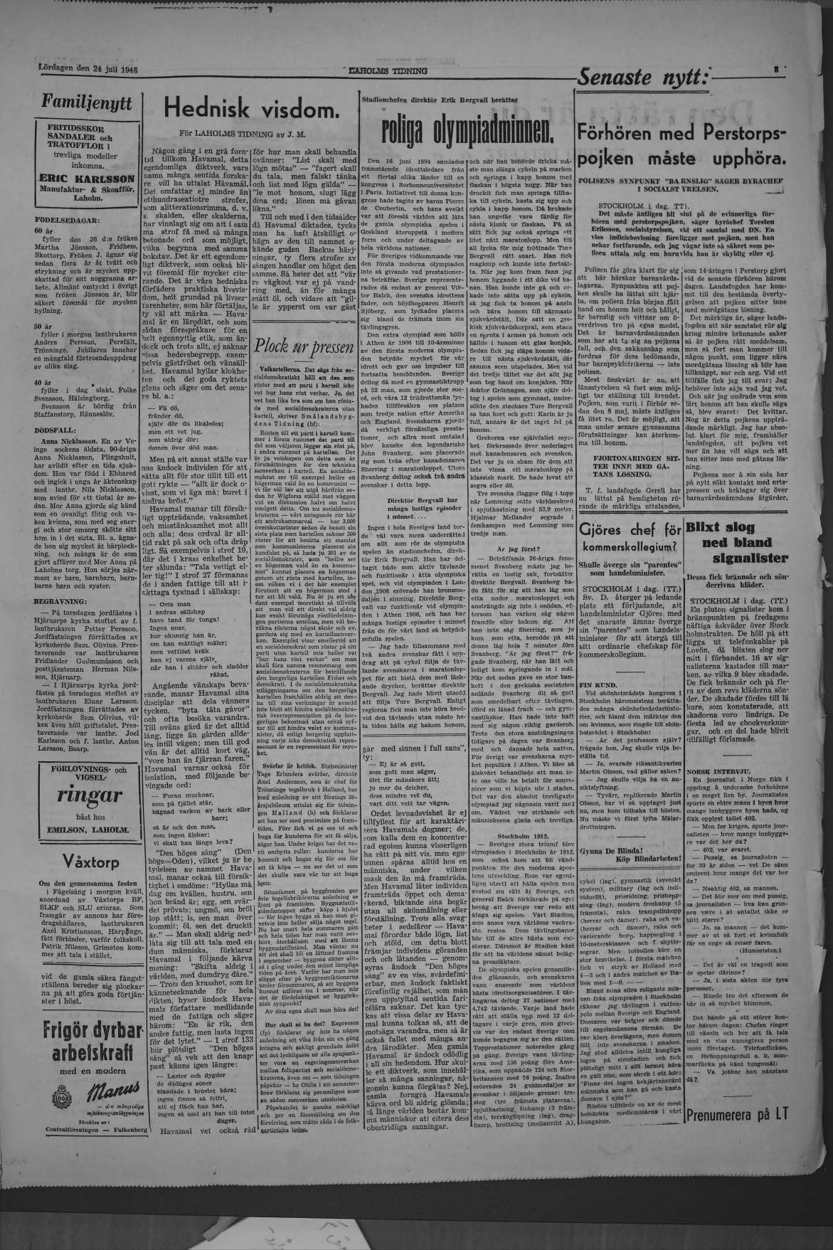 Laholms Tidning Lördag 24 juli 1948, sida 3