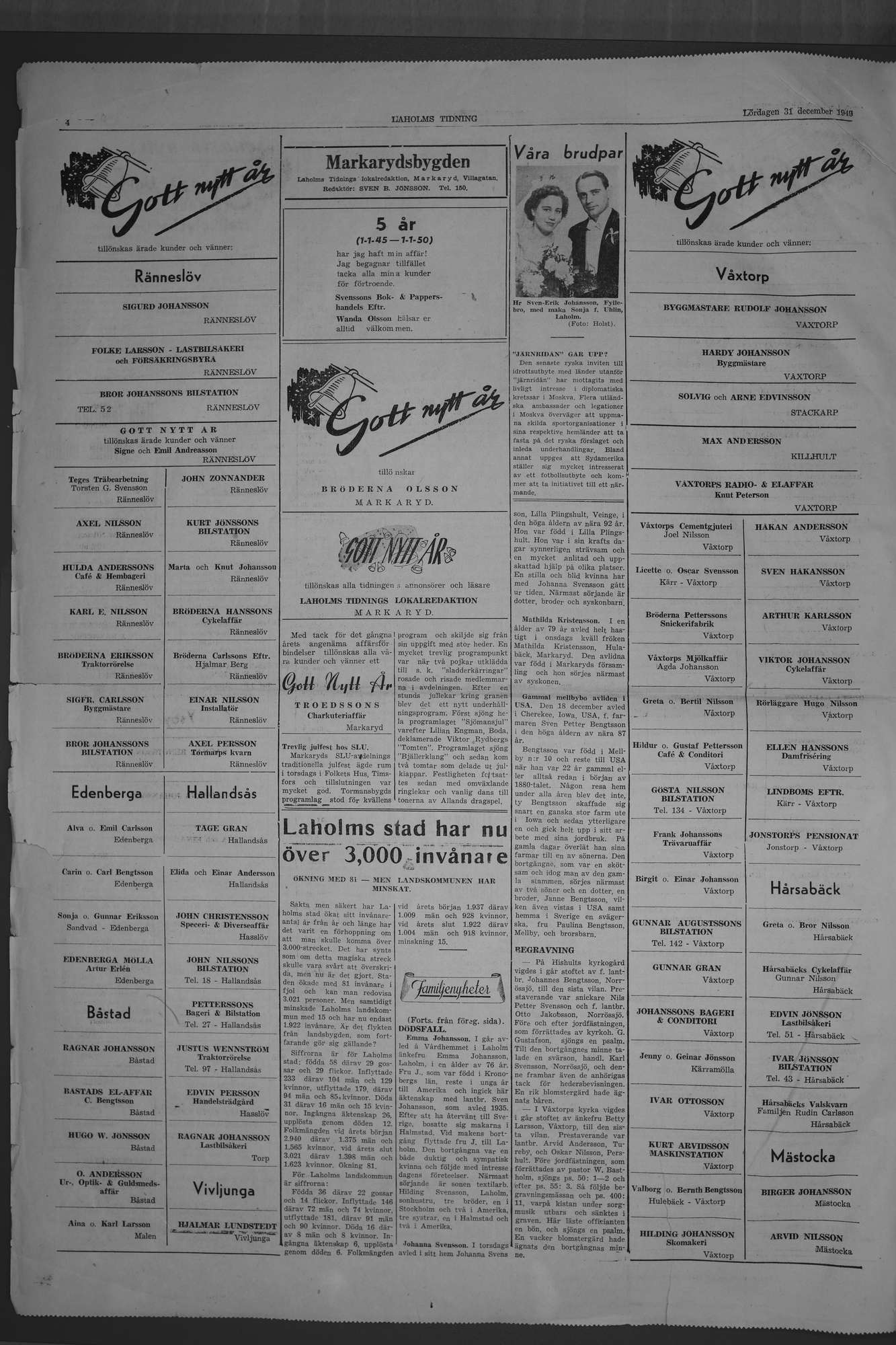Laholms Tidning Lördag 31 december 1949, sida 4