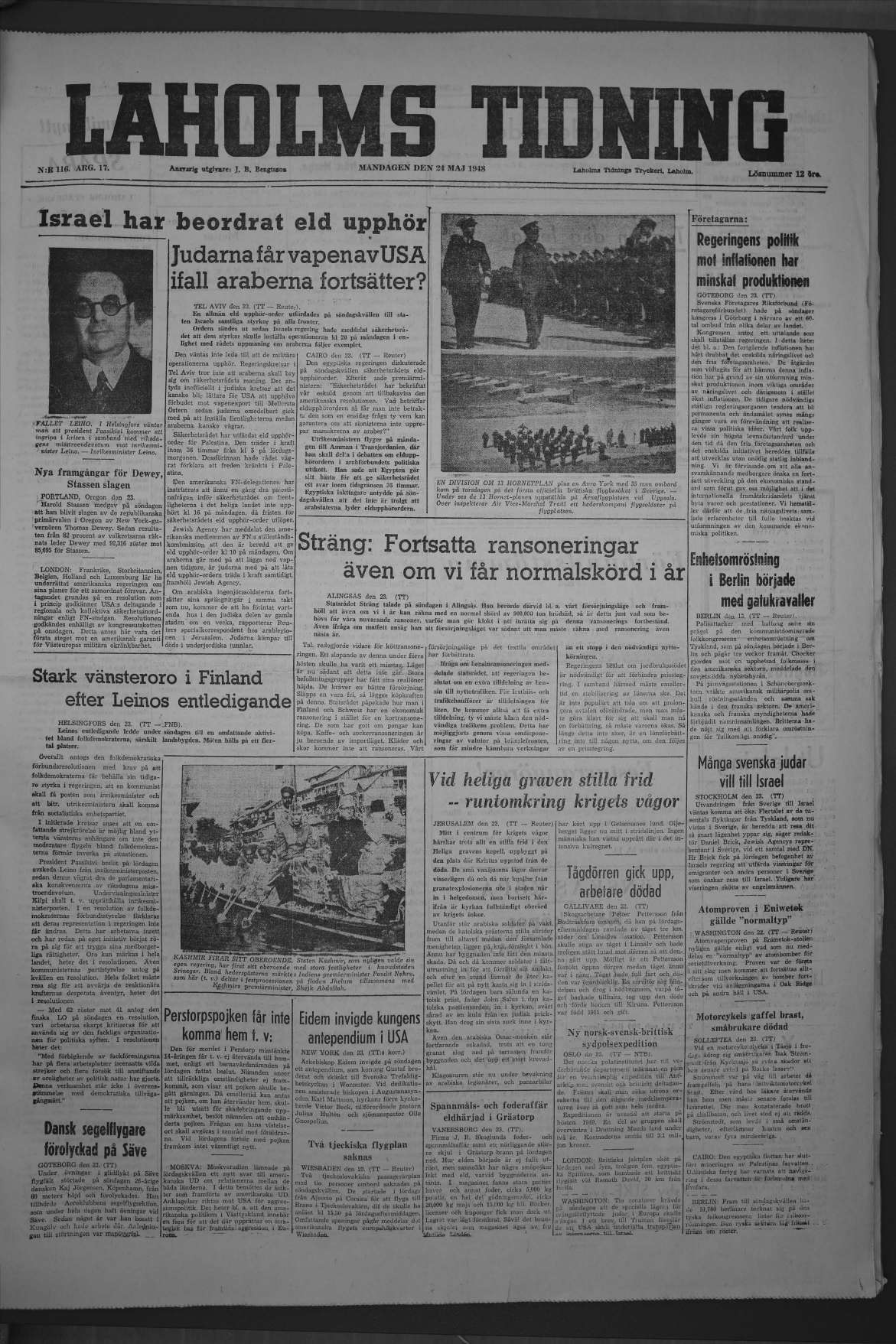 Laholms Tidning Måndag 24 maj 1948, sida 1