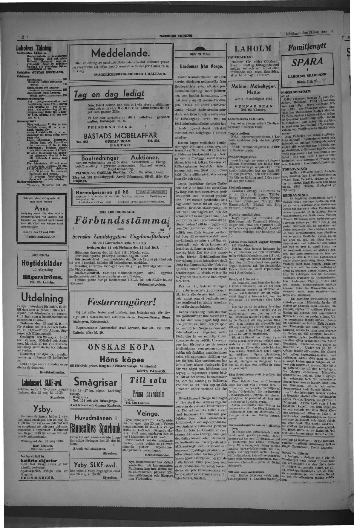 Laholms Tidning Måndag 24 maj 1948, sida 2