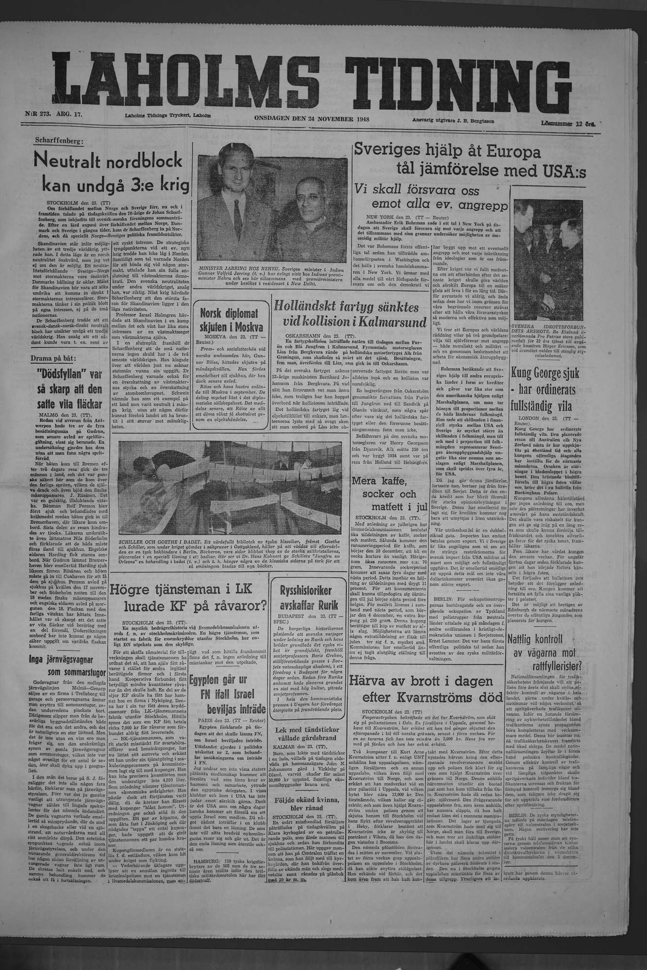 Laholms Tidning Onsdag 24 november 1948, sida 1