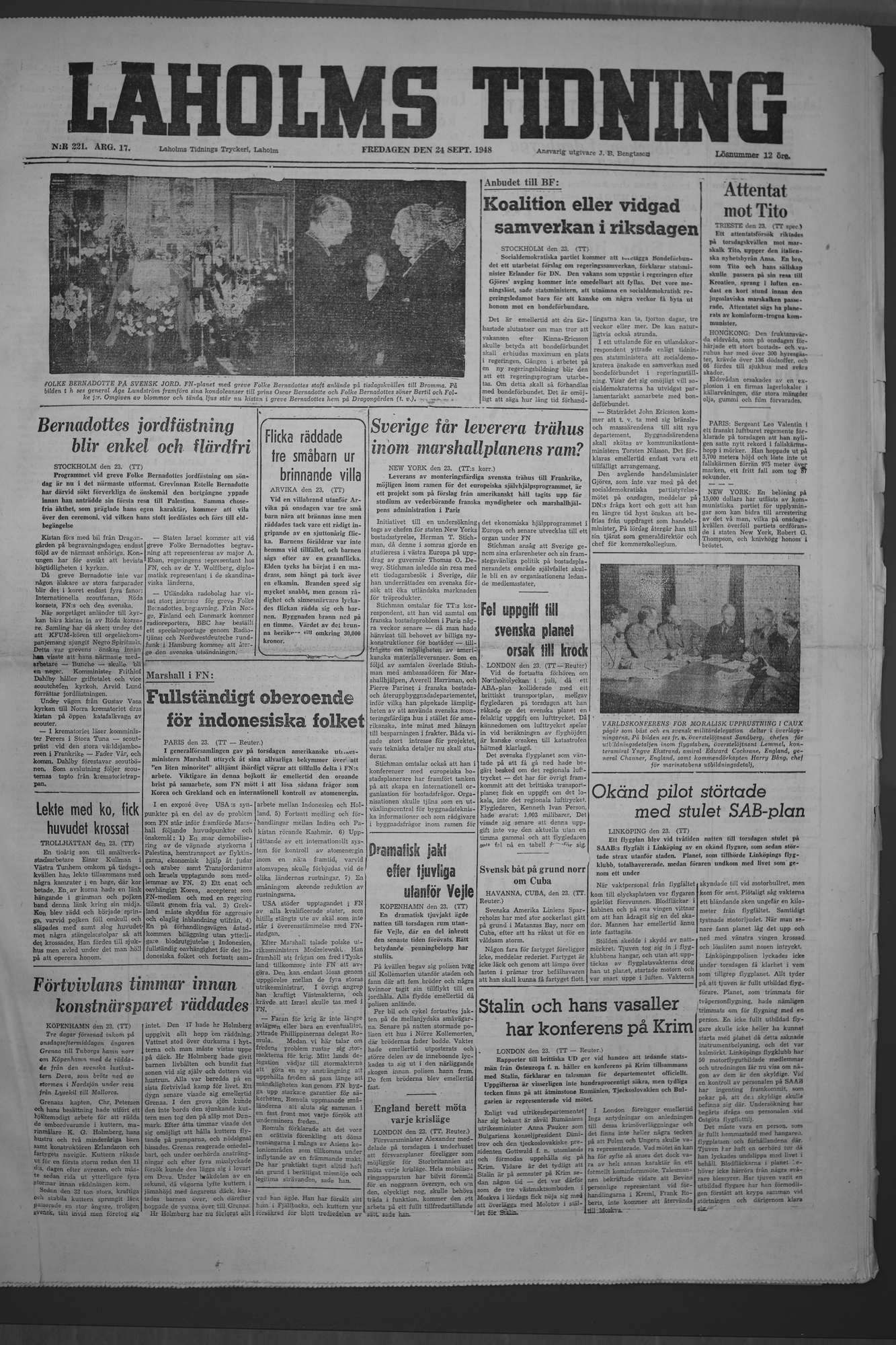 Laholms Tidning Fredag 24 september 1948, sida 1