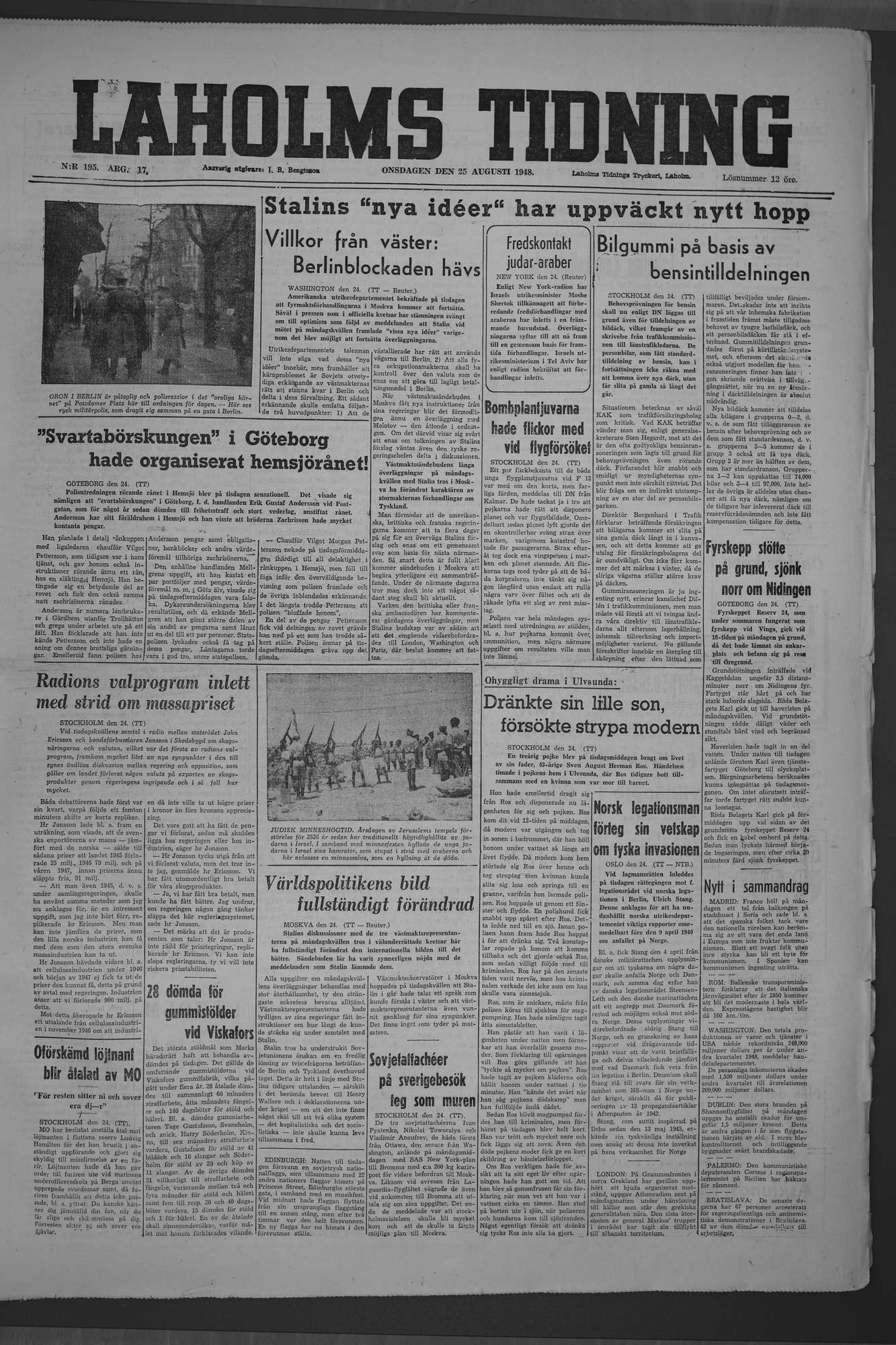 Laholms Tidning Onsdag 25 augusti 1948, sida 1