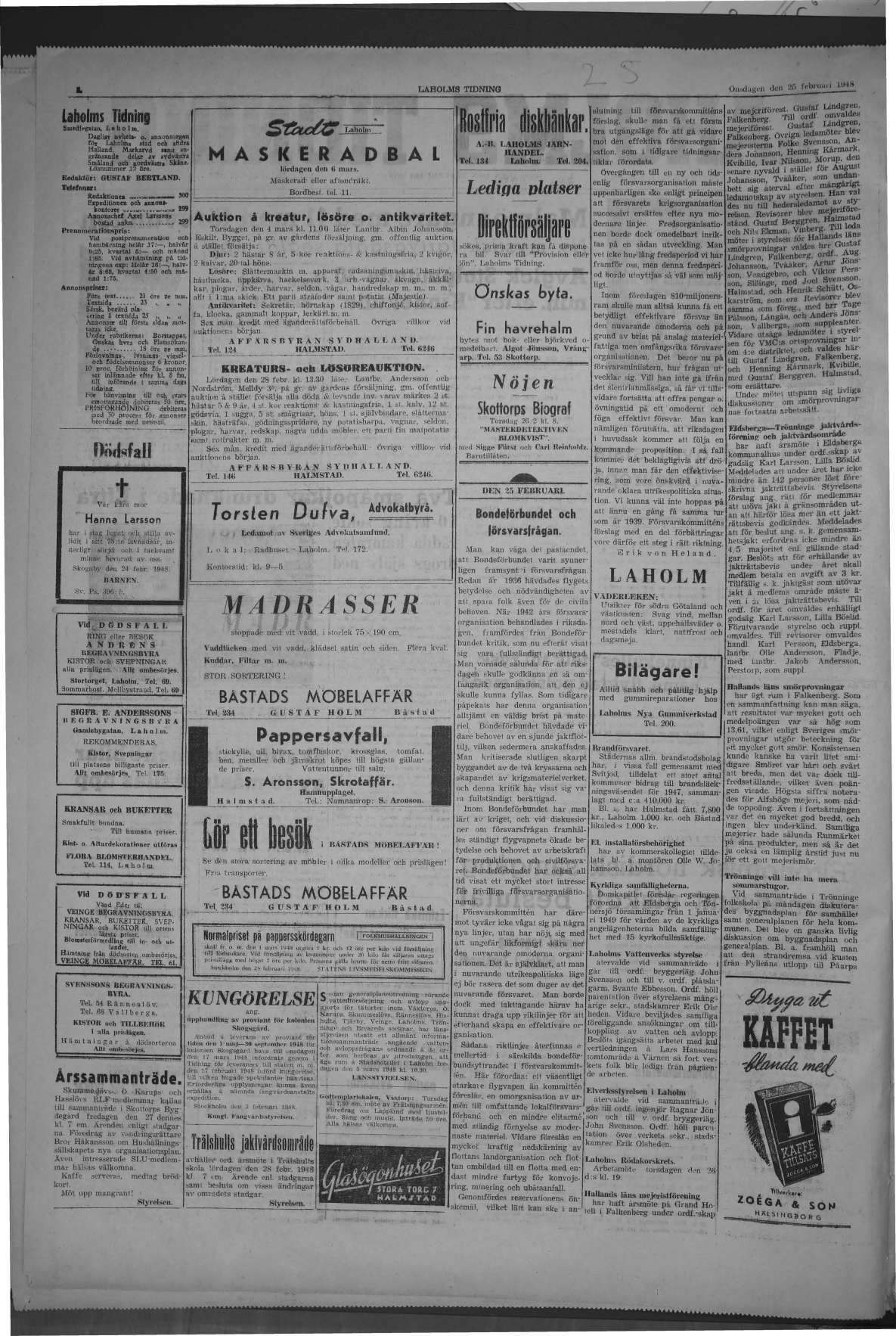 Laholms Tidning Onsdag 25 februari 1948, sida 2