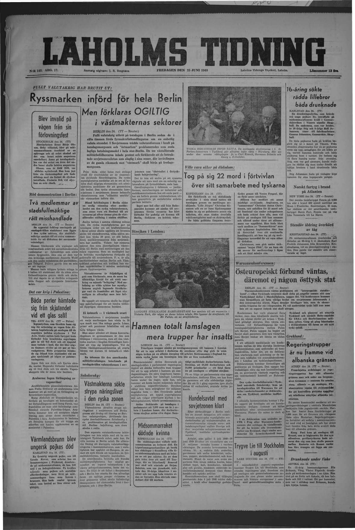Laholms Tidning Fredag 25 juni 1948, sida 1
