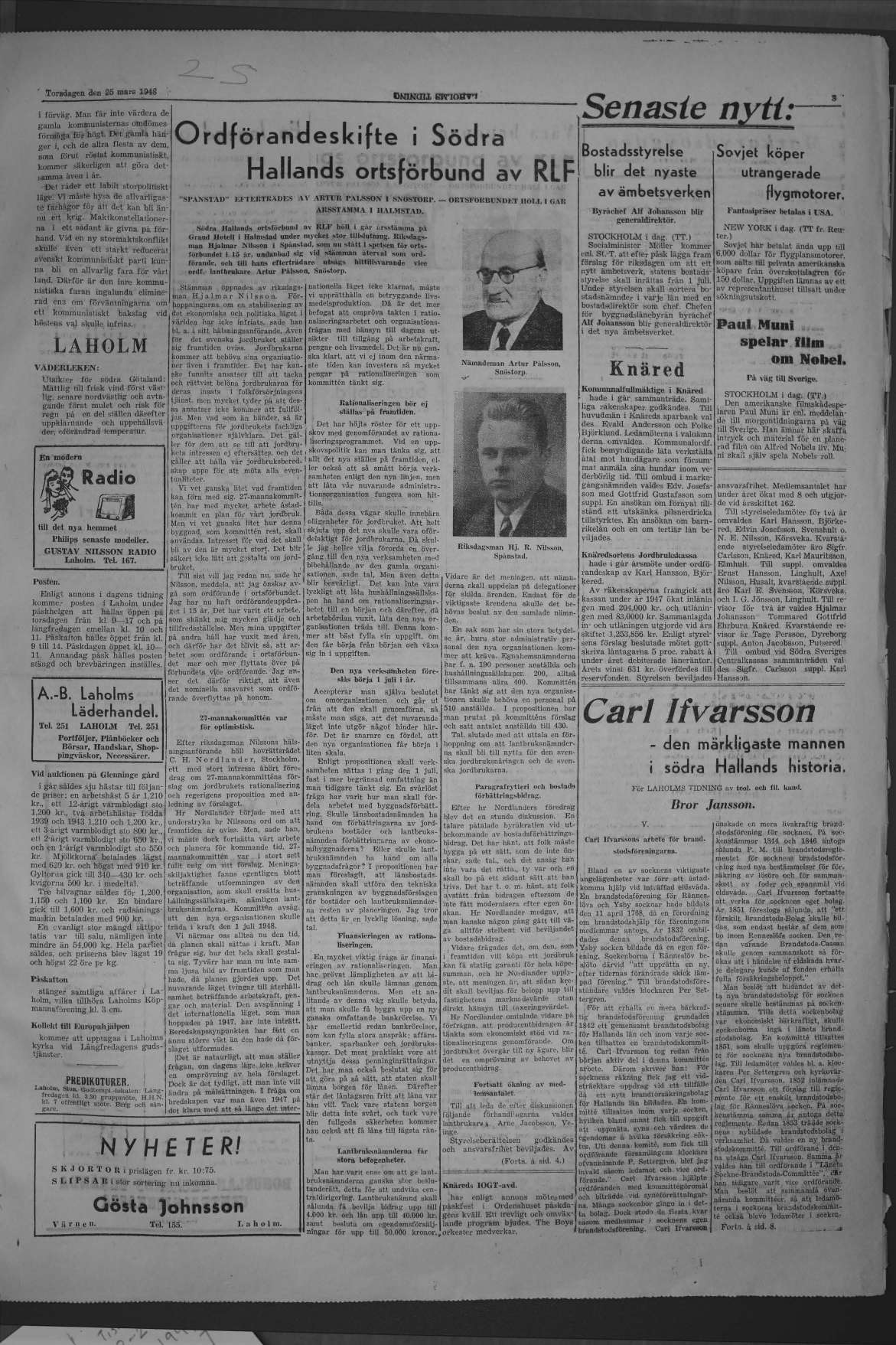 Laholms Tidning Torsdag 25 mars 1948, sida 3