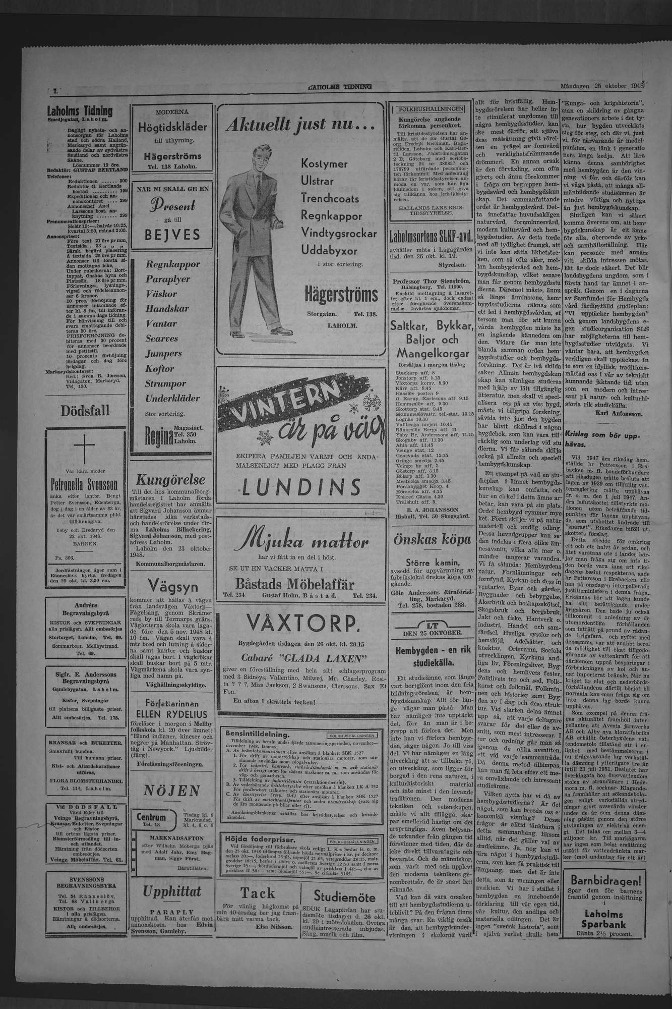 Laholms Tidning Måndag 25 oktober 1948, sida 2