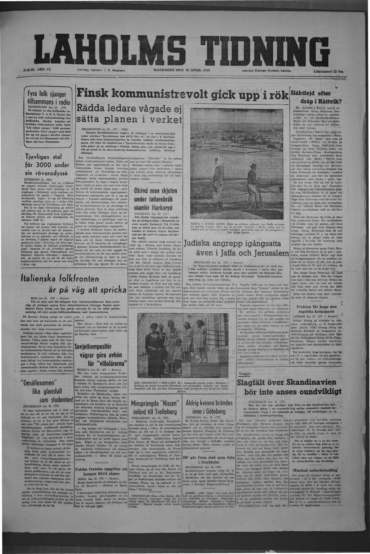 Laholms Tidning Måndag 26 april 1948, sida 1