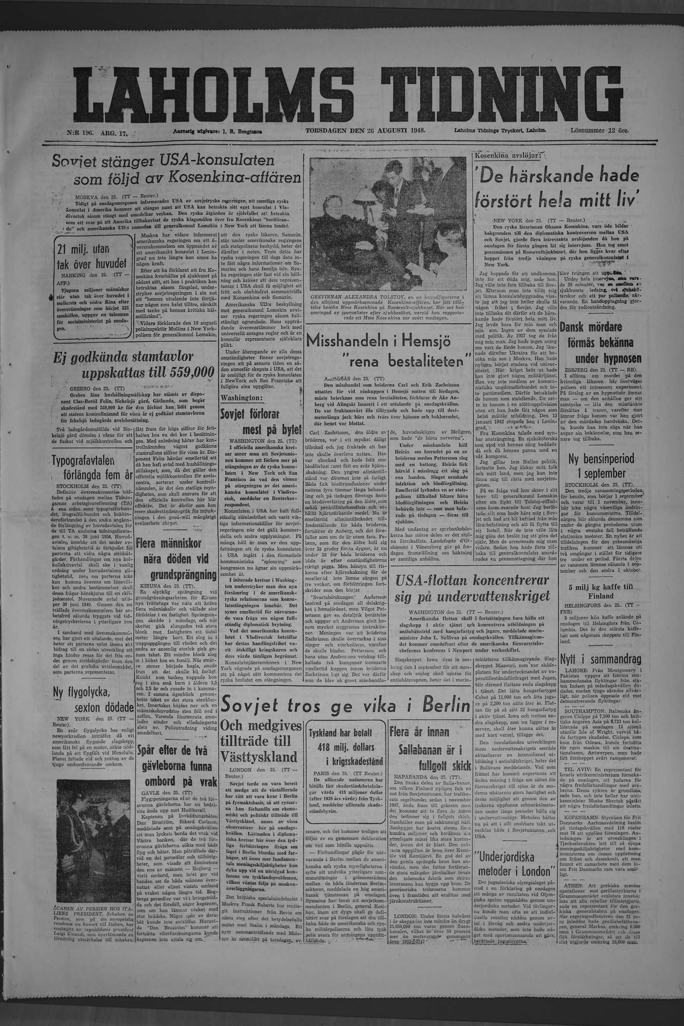 Laholms Tidning Torsdag 26 augusti 1948, sida 1
