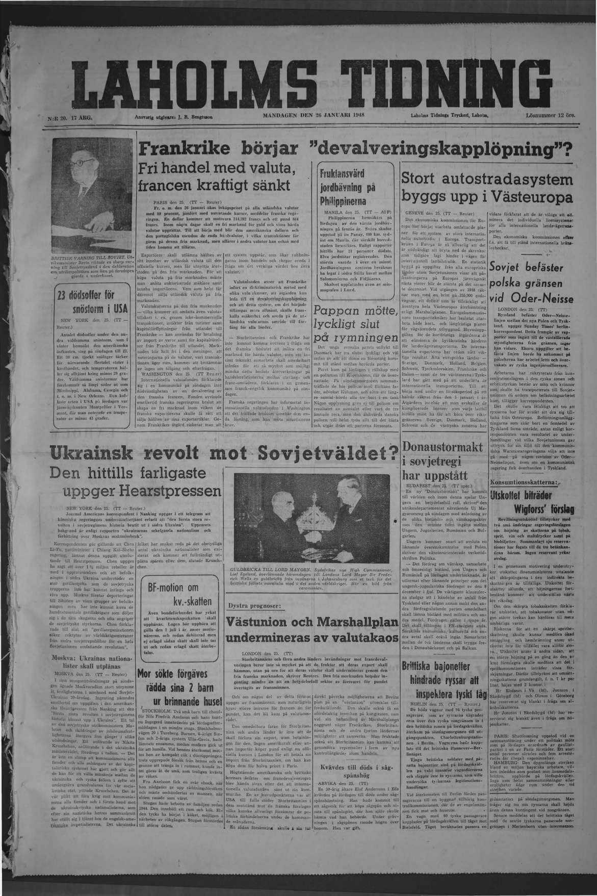 Laholms Tidning Måndag 26 januari 1948, sida 1