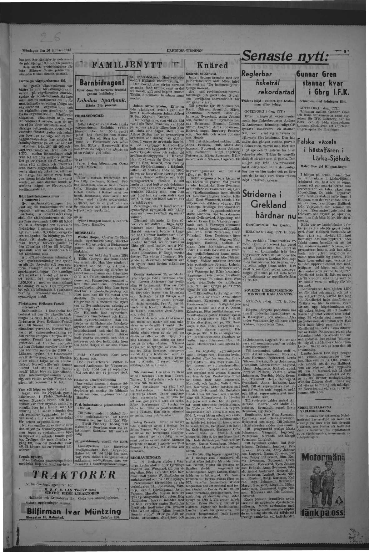 Laholms Tidning Måndag 26 januari 1948, sida 3