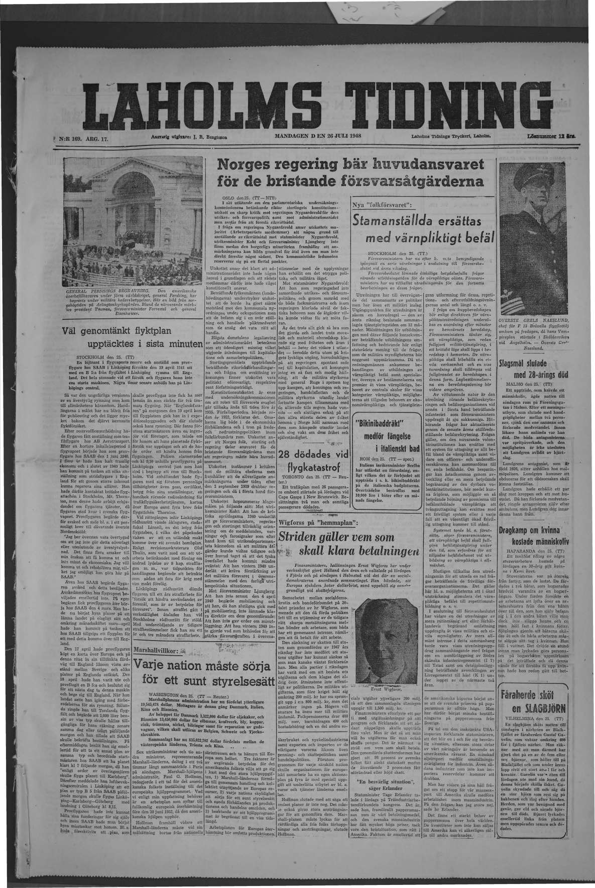 Laholms Tidning Måndag 26 juli 1948, sida 1
